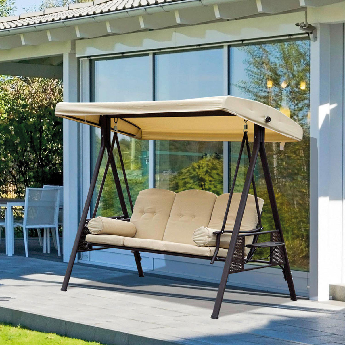 Outsunny Hollywoodschaukel beige Metall B/H/L: ca. 206x180x124,5 cm Hollywoodschaukel_3-Sitzer - beige/braun (124,50/206,00/180,00cm) - Outsunny