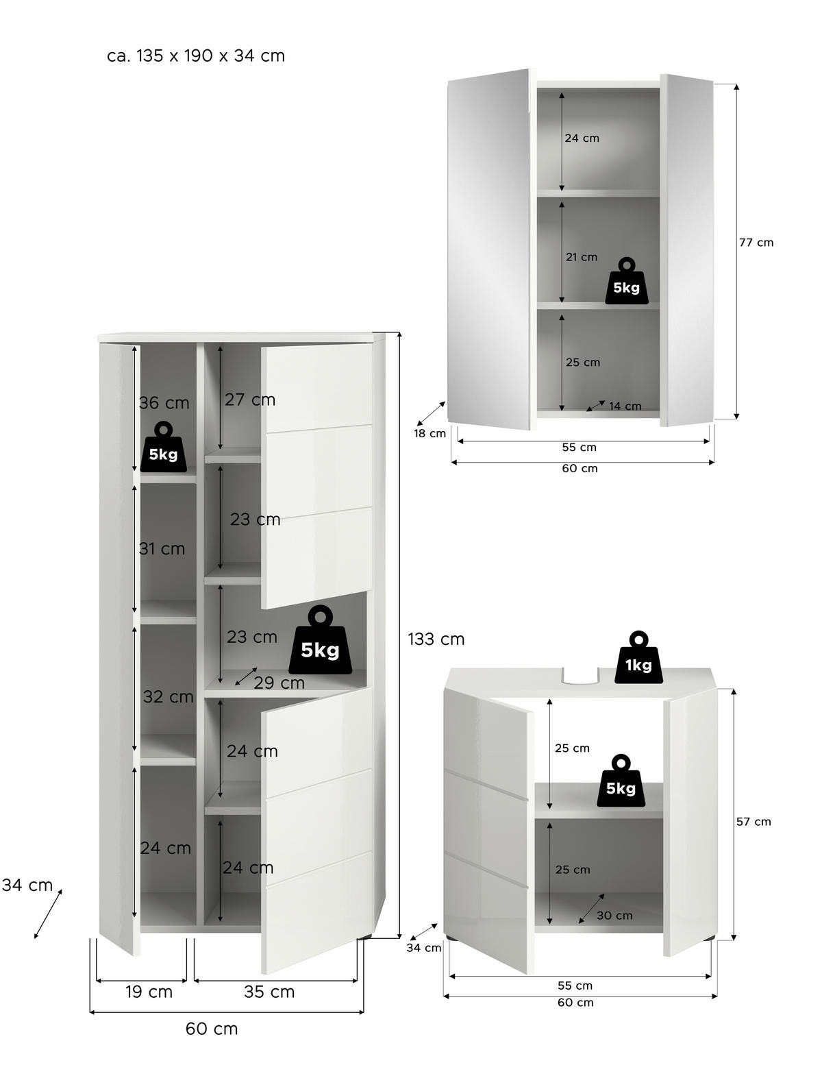Badezimmer-Set VIRA weiß weiß Hochglanz B/H/T: ca. 135x190x34 cm VIRA - weiß (135,00/190,00/34,00cm) - xonox.home