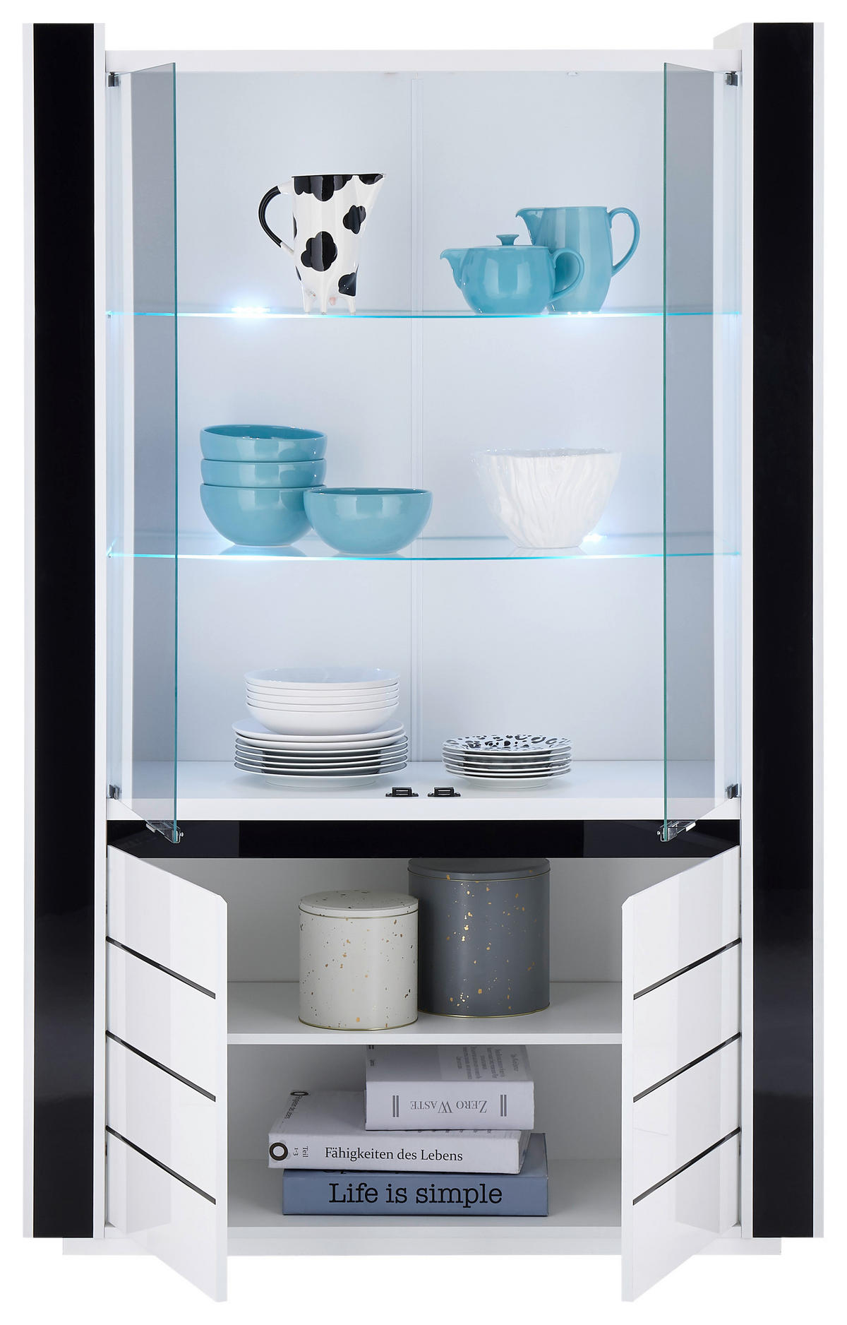 Vitrine Savona weiß Hochglanz schwarz Hochglanz B/H/T: ca. 120x185x45 cm Savona - weiß/schwarz (120,00/185,00/45,00cm)