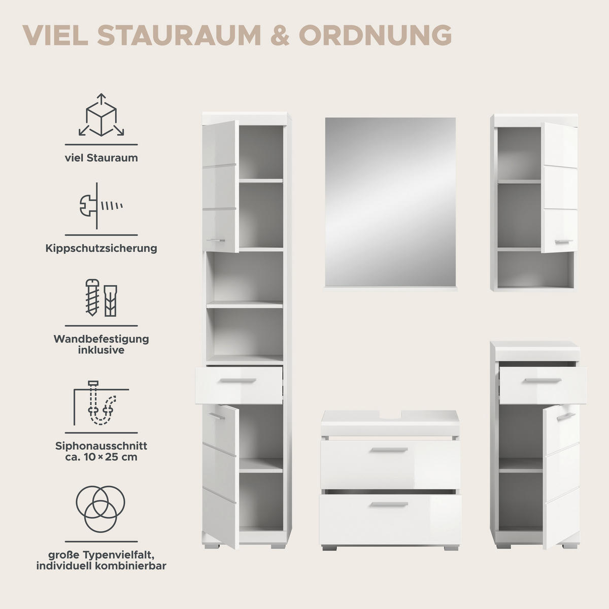 Badezimmer-Set Scout weiß weiß Hochglanz B/H/T: ca. 164x191x37 cm Scout - weiß (164,00/191,00/37,00cm) - xonox.home