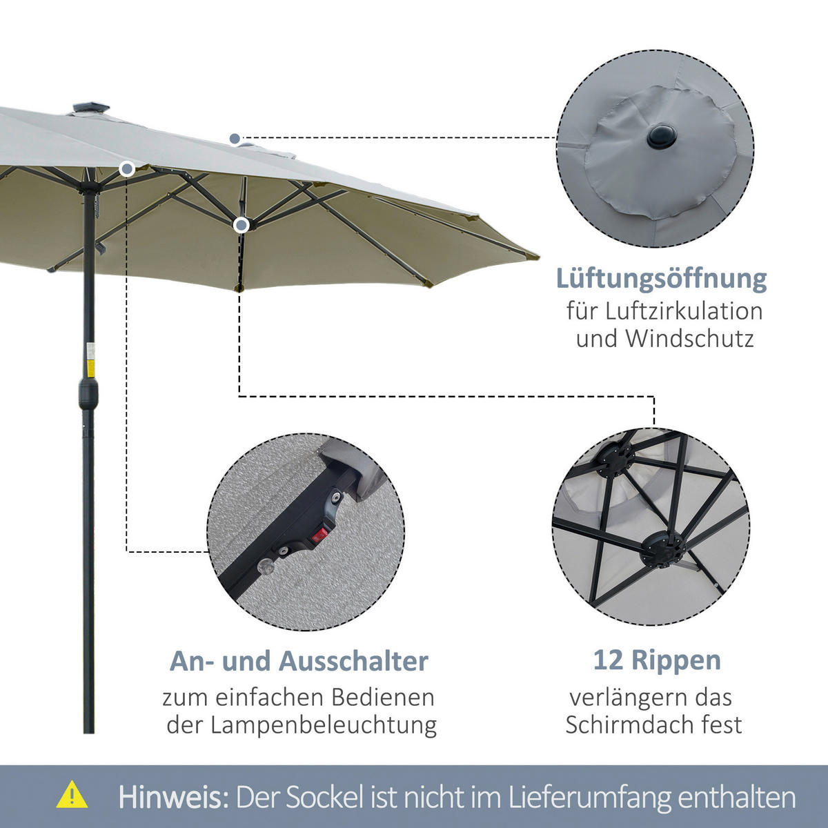 Outsunny Sonnenschirm mit Solar-LED-Leuchte bunt Metall B/H/L: ca. 265x240x450 cm Sonnenschirm_mit_Solar-LED-Leuchte - bunt (450,00/265,00/240,00cm) - Outsunny