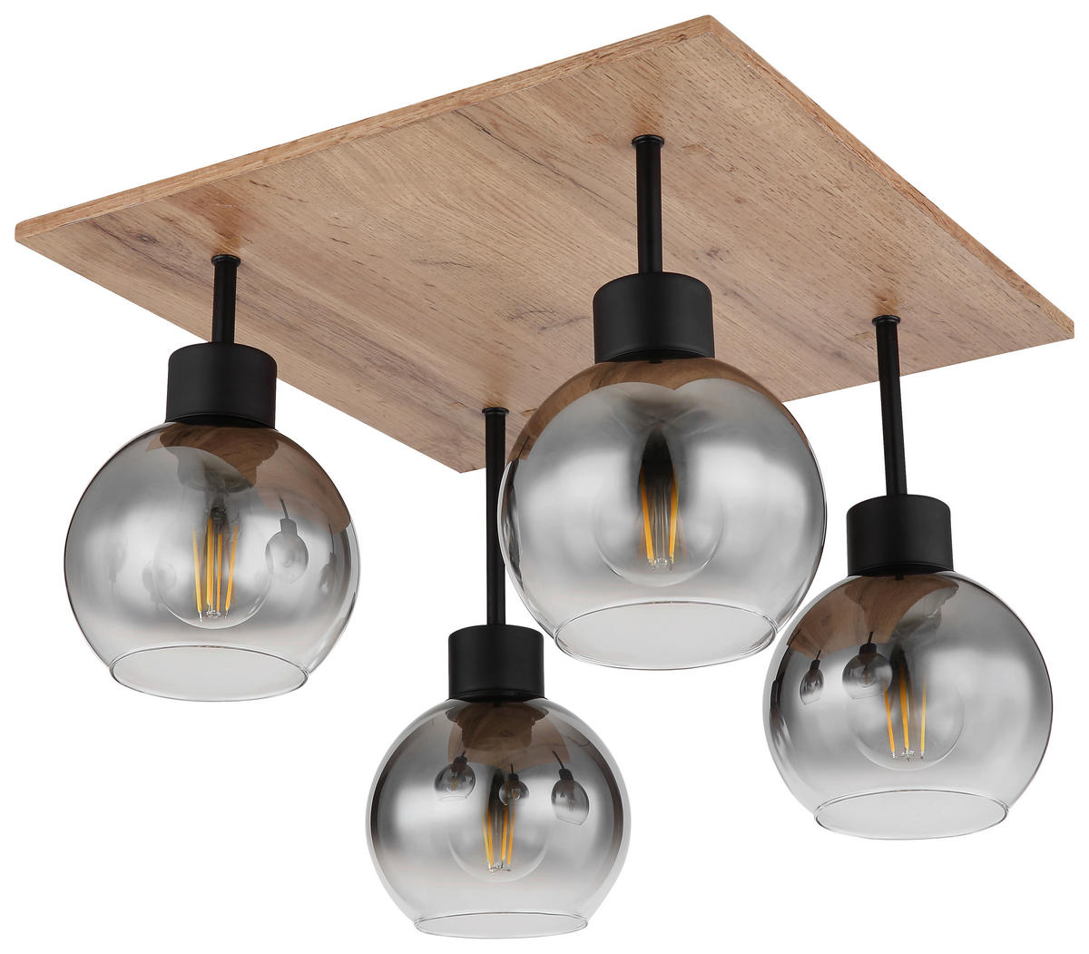 GLOBO Deckenleuchte 15656-4D schwarz natur Rauch Metall MDF Glas B/H/L: ca. 40x33,5x40 cm E27 4 Brennstellen Deckenleuchte Moitas - natur/schwarz (40,00/40,00/33,50cm) - GLOBO