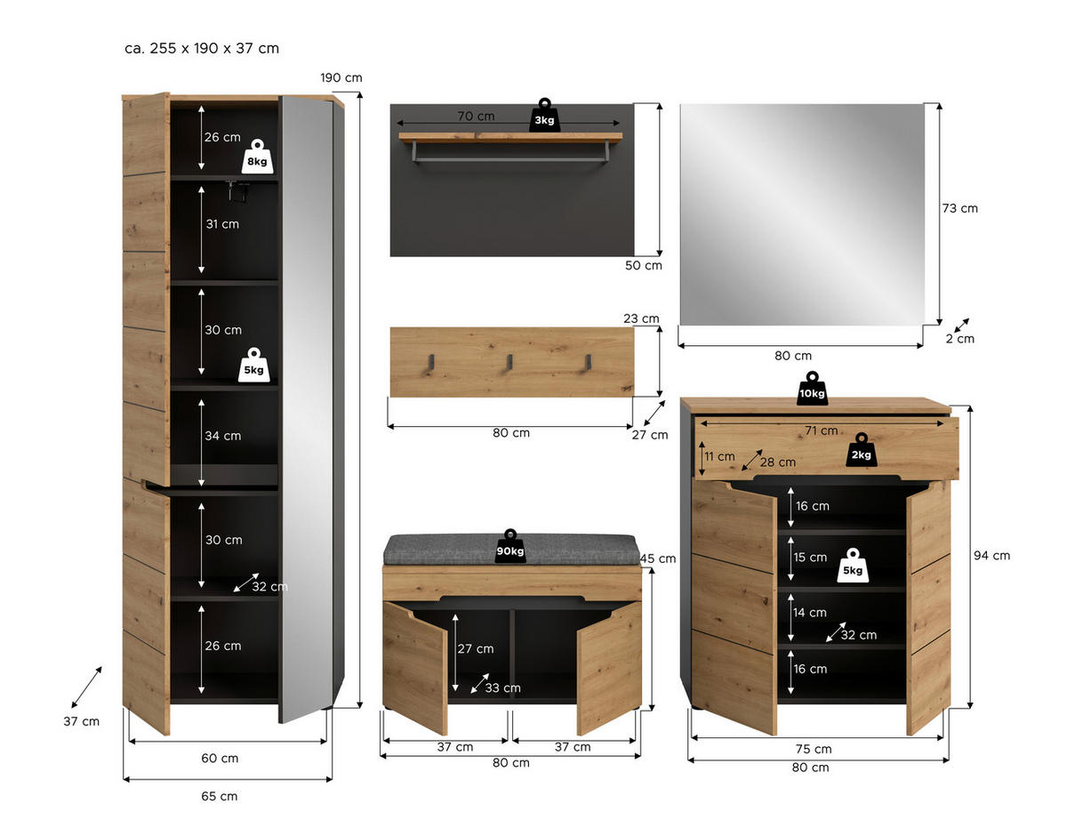 Garderobe Canu basaltgrau Nachbildung Artisan Nachbildung B/H/T: ca. 255x190x37 cm Canu - basaltgrau (255,00/190,00/37,00cm) - xonox.home