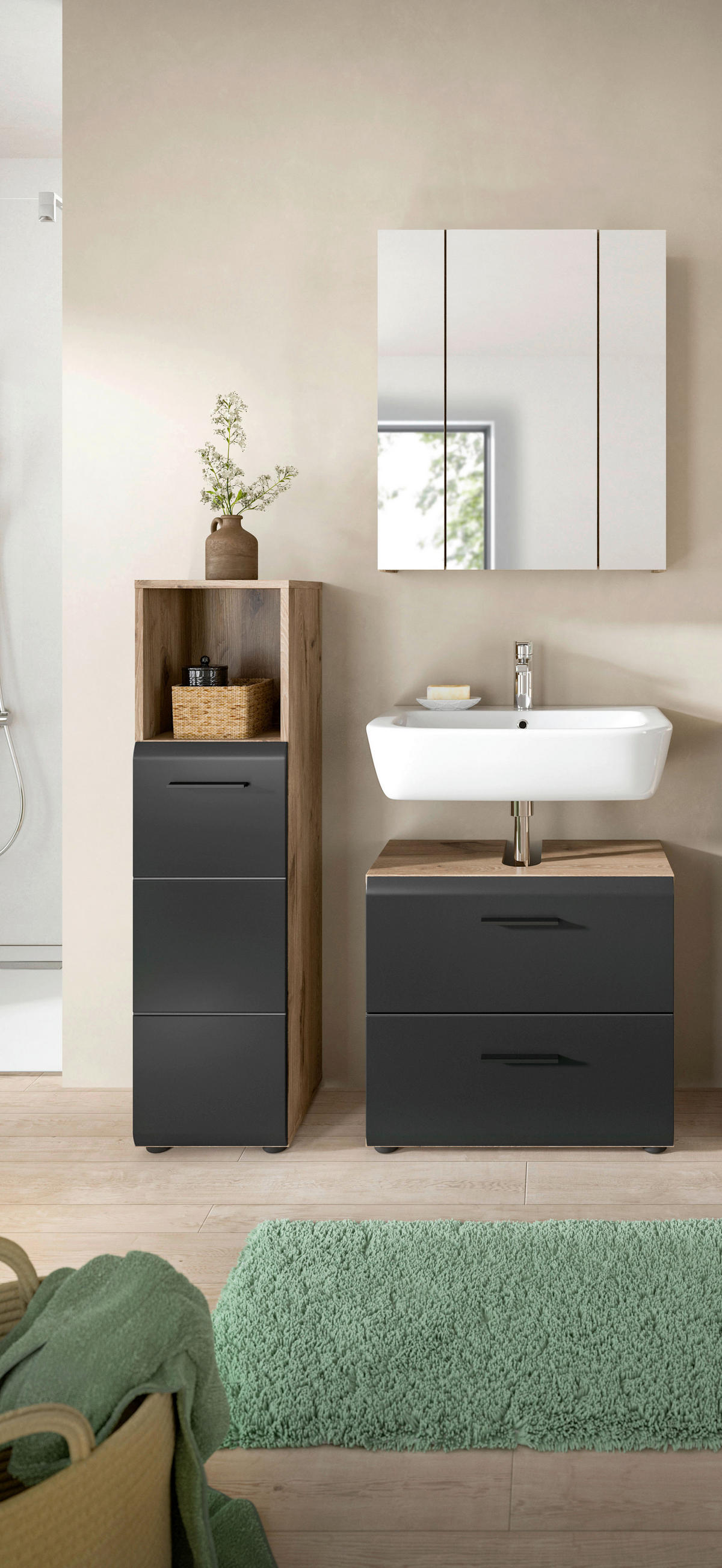 Badezimmer-Set Ice Nox Oak Nachbildung schwarz matt B/H/T: ca. 105x185x30 cm Ice - schwarz (105,00/185,00/30,00cm) - xonox.home