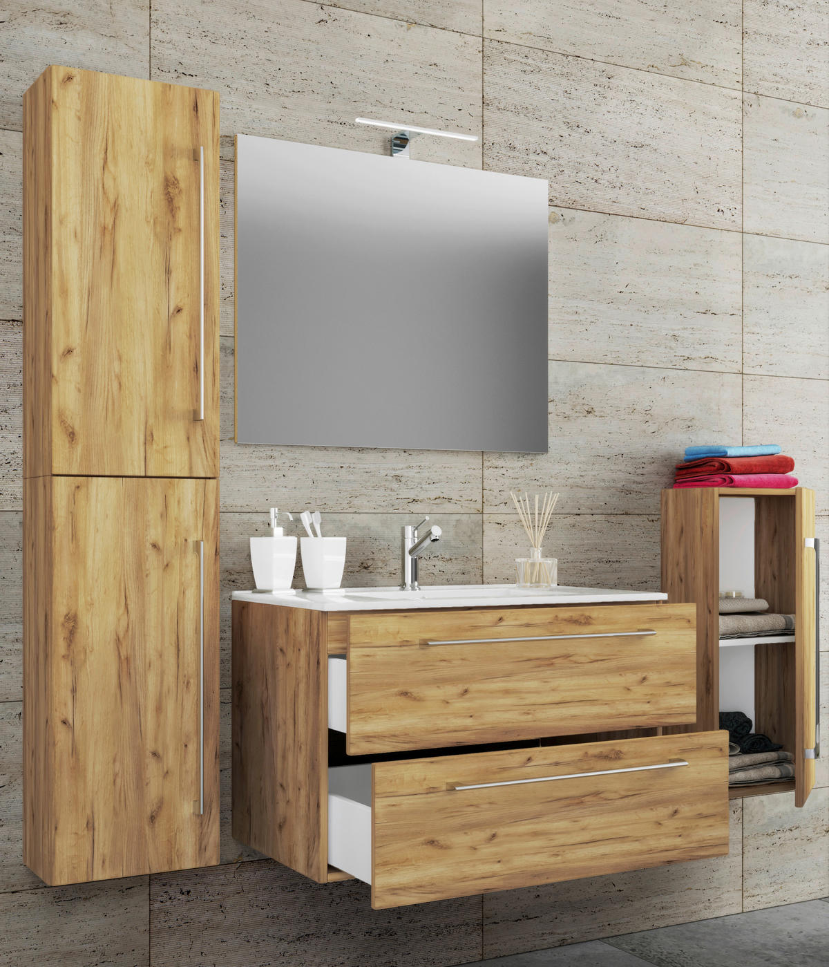 Waschplatz 5tlg-Badinos weiß Eiche Honig Nachbildung B/H/T: ca. 81x52x46 cm 5tlg-Badinos - Eiche/weiß (81,00/52,00/46,00cm) - VCM Möbel