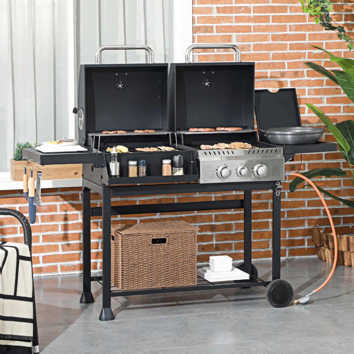 Outsunny Gas-/Kohlegrill Edelstahl B/H/L: ca. 53x101x161 cm Gas-/Kohlegrill - schwarz (161,00/53,00/101,00cm) - Outsunny
