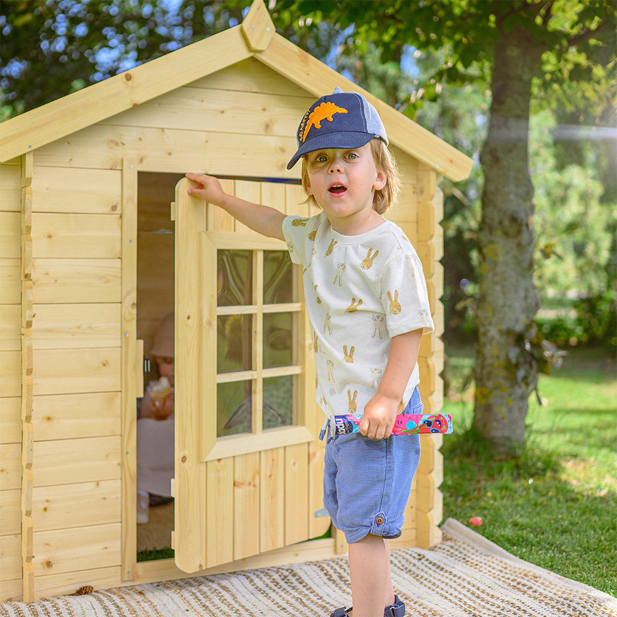 Timbela Kinderspielhaus M570M blau B/H/L: ca. 114x121x111 cm M570M - blau/natur (111,00/114,00/121,00cm) - Timbela