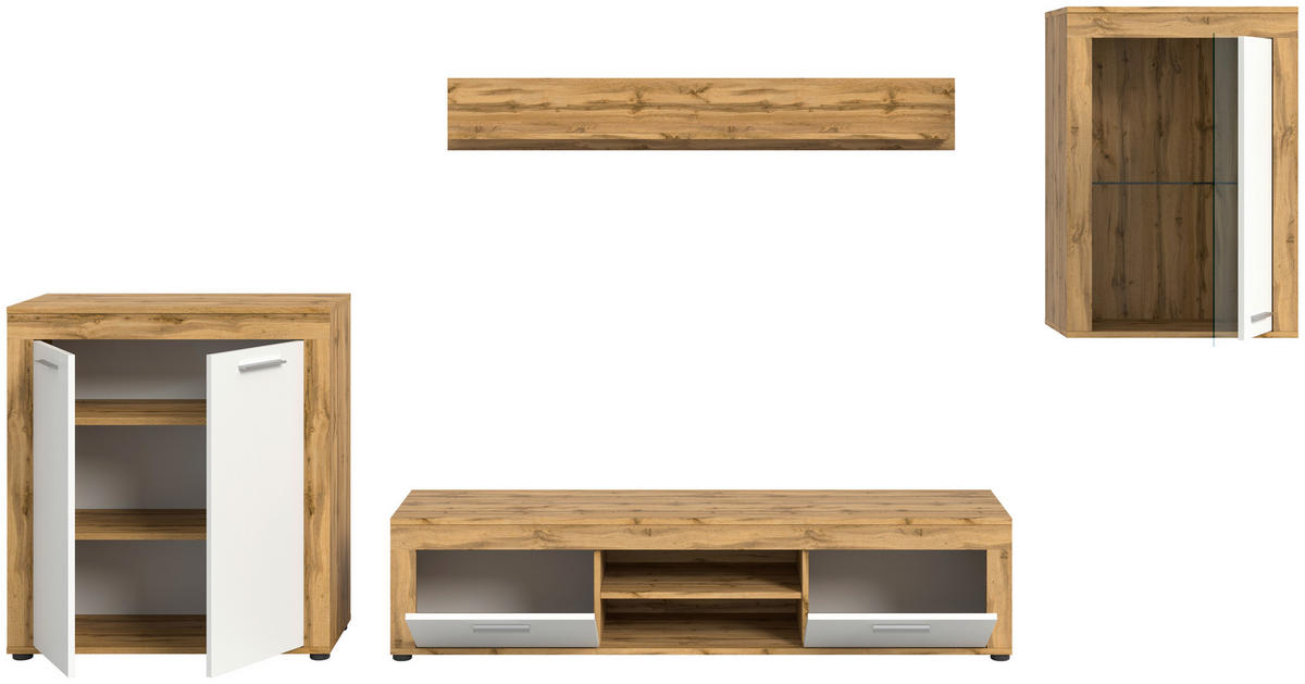 Wohnwand Jam Eiche Wotan Nachbildung weiß B/H/T: ca. 330x169x35 cm Jam - Eiche/weiß (330,00/169,00/35,00cm) - xonox.home