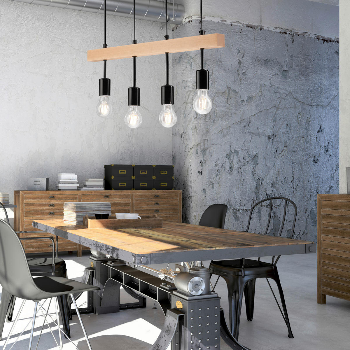 Lamkur Deckenleuchte schwarz Stahl Holz B/H/L: ca. 25x30x70 cm 4 Brennstellen Orazio - schwarz (70,00/25,00/30,00cm) - Lamkur