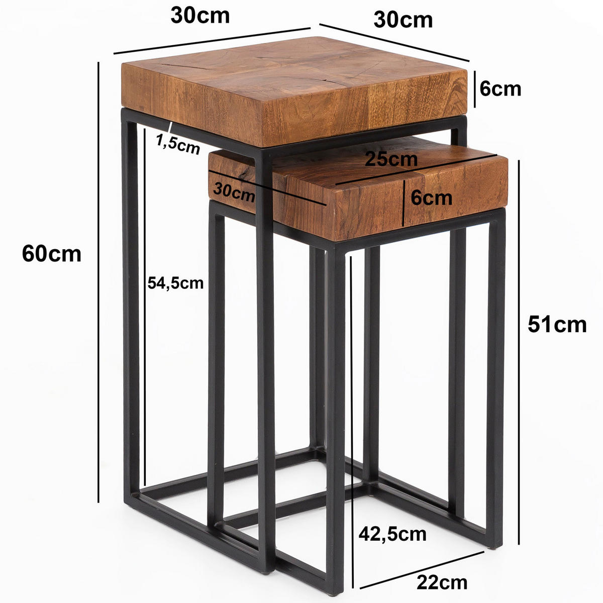 Beistelltisch 2er-Set natur schwarz lackiert Echtholz Eisen 2er-Set - natur/schwarz - Wohnling