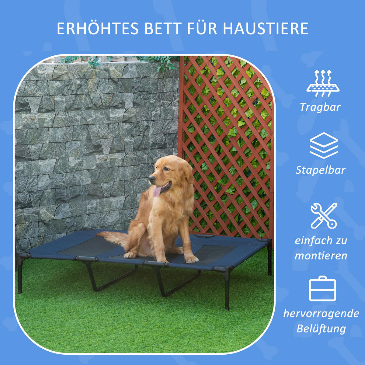 PawHut Hunde-Zubehör schwarz Edelstahl B/H/L: ca. 92x122x23 cm Hundebett - schwarz/dunkelblau (23,00/92,00/122,00cm) - PawHut