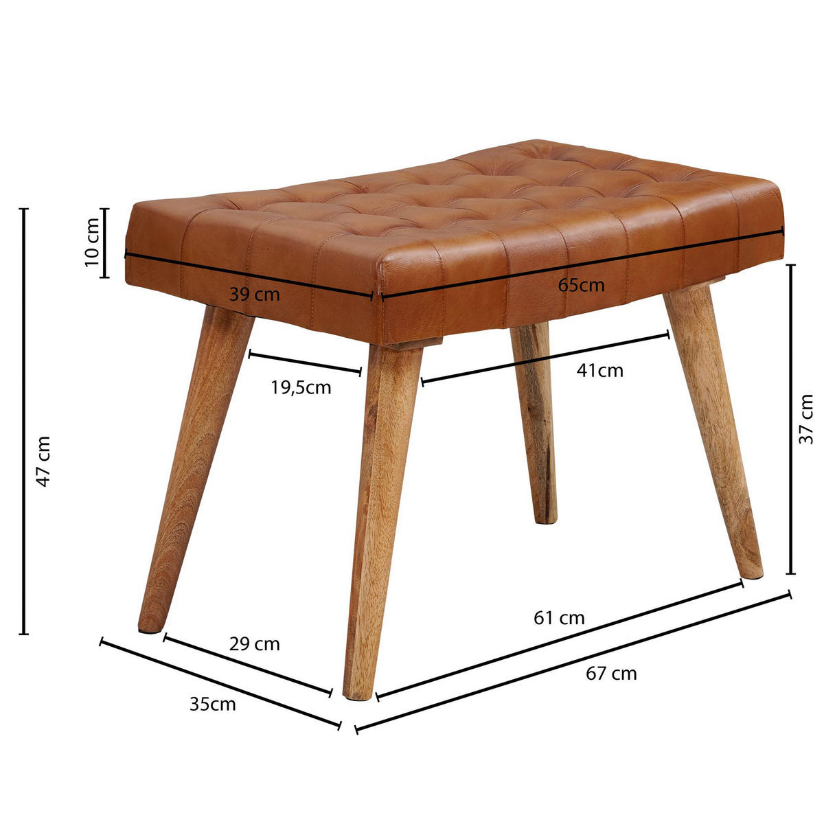 Wohnling Sitzhocker braun natur Leder Echtholz B/H/T: ca. 67x47x39 cm Sitzhocker - braun/natur (67,00/47,00/39,00cm) - Wohnling