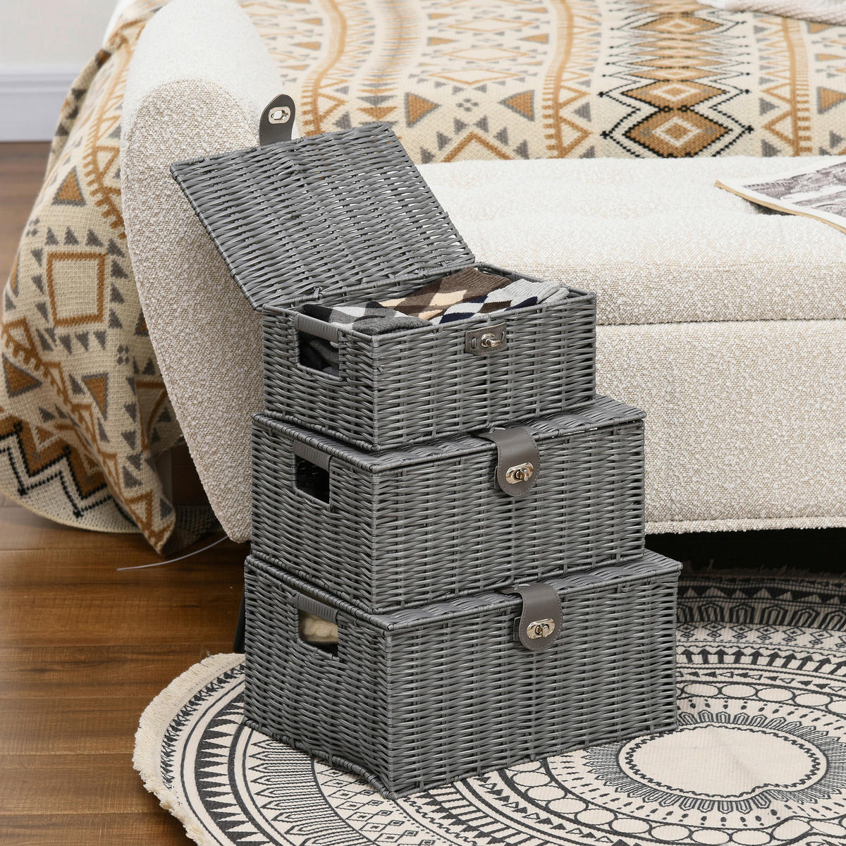 HOMCOM Aufbewahrungskorb grau Metall B/H/L: ca. 28,5x35,5x18 cm Aufbewahrungskorb-Set - grau (18,00/28,50/35,50cm) - HOMCOM