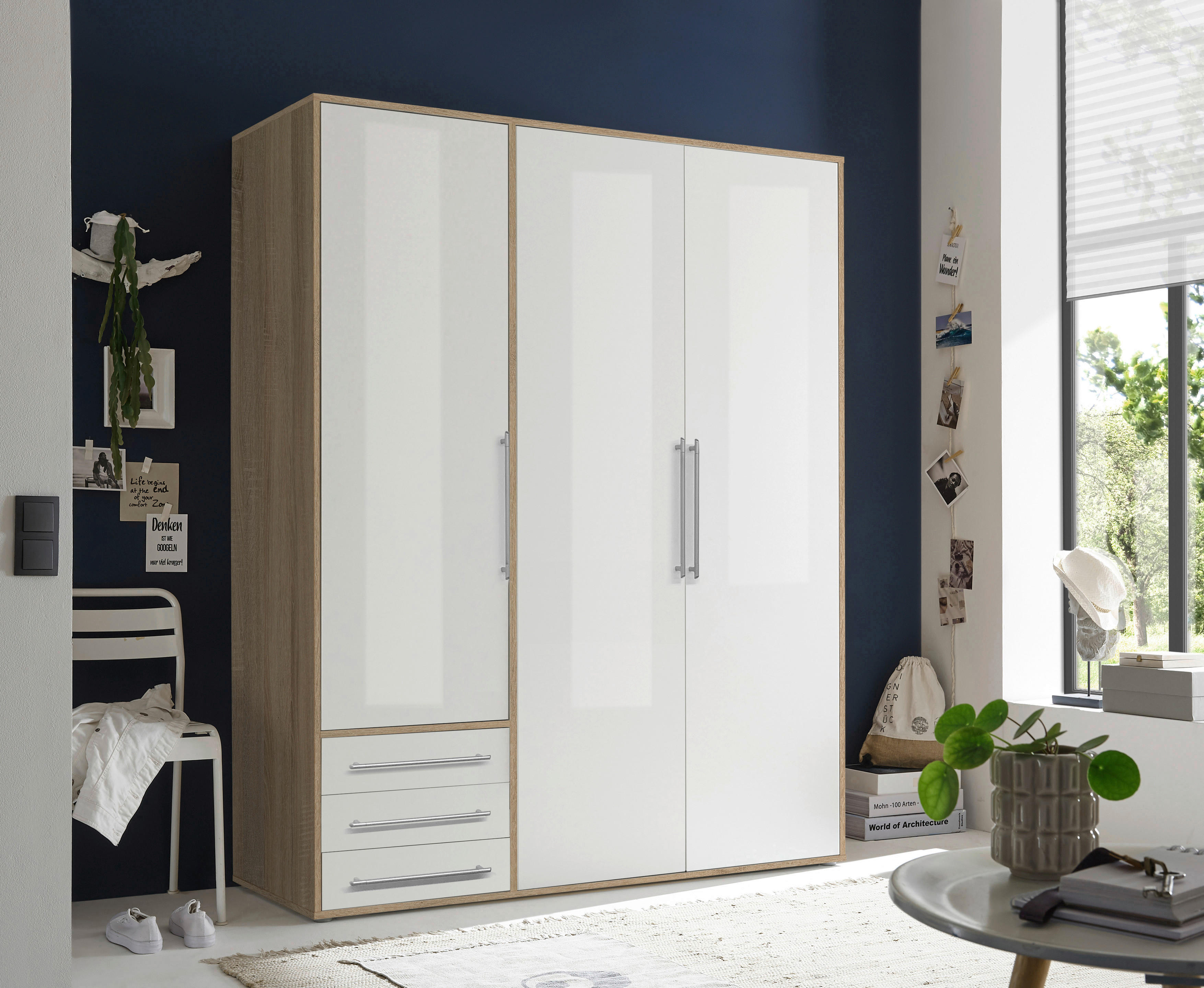 Kleiderschrank Lyss Eiche Sonoma Nachbildung weiß B/H/T: ca. 155x194x58 cm Lyss - Eiche/weiß (155,00/194,00/58,00cm)