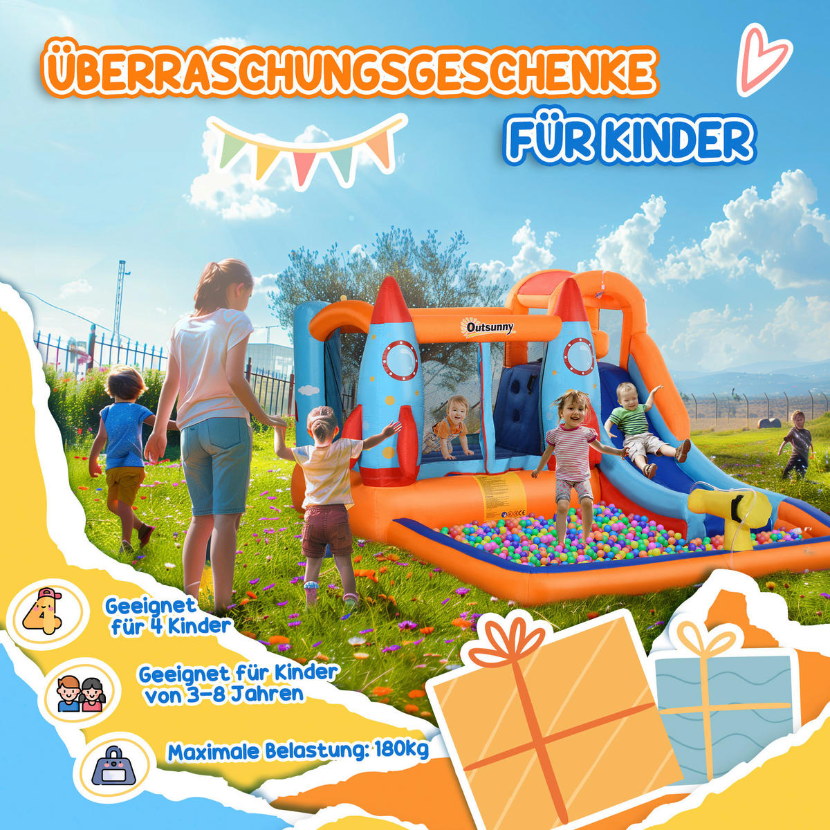 Outsunny Hüpfburg bunt B/H/L: ca. 250x350x185 cm Hüpfburg - bunt (185,00/250,00/350,00cm) - Outsunny