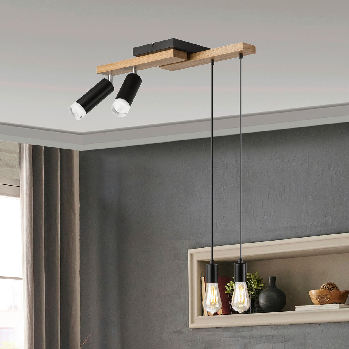 Lamkur Pendelleuchte schwarz Holz B/H/L: ca. 20x86x64 cm E27 4 Brennstellen CORTINA - schwarz (64,00/20,00/86,00cm) - Lamkur
