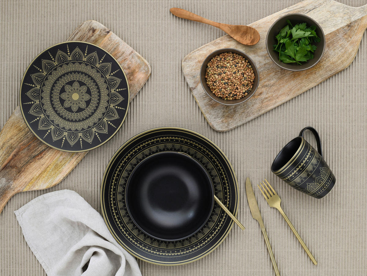 CreaTable Kombiservice MANDALA GOLD schwarz Steinzeug 16 tlg. MANDALA GOLD - gold/schwarz - CreaTable