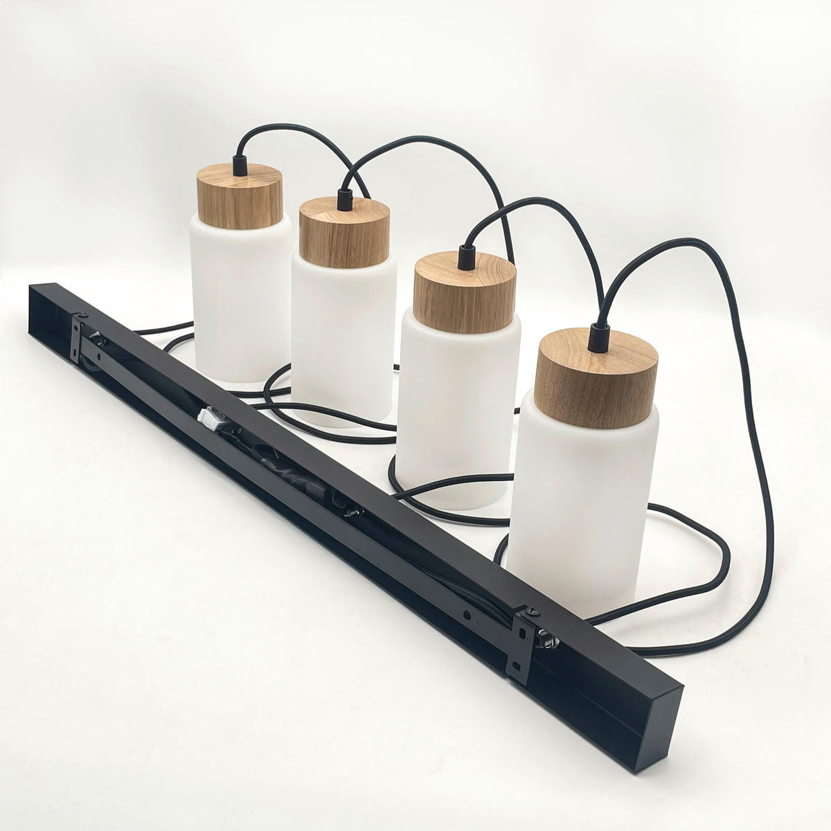 Lamkur Hängeleuchte schwarz Stahl Glas Holz B/H/L: ca. 85x20x20 cm E27 4 Brennstellen Marcus - schwarz (20,00/85,00/20,00cm) - Lamkur