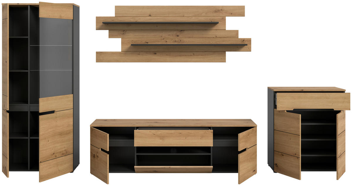 Wohnwand Canu basaltgrau Nachbildung Artisan Oak Nachbildung B/H/T: ca. 375x190x44 cm Canu - basaltgrau (375,00/190,00/44,00cm) - xonox.home