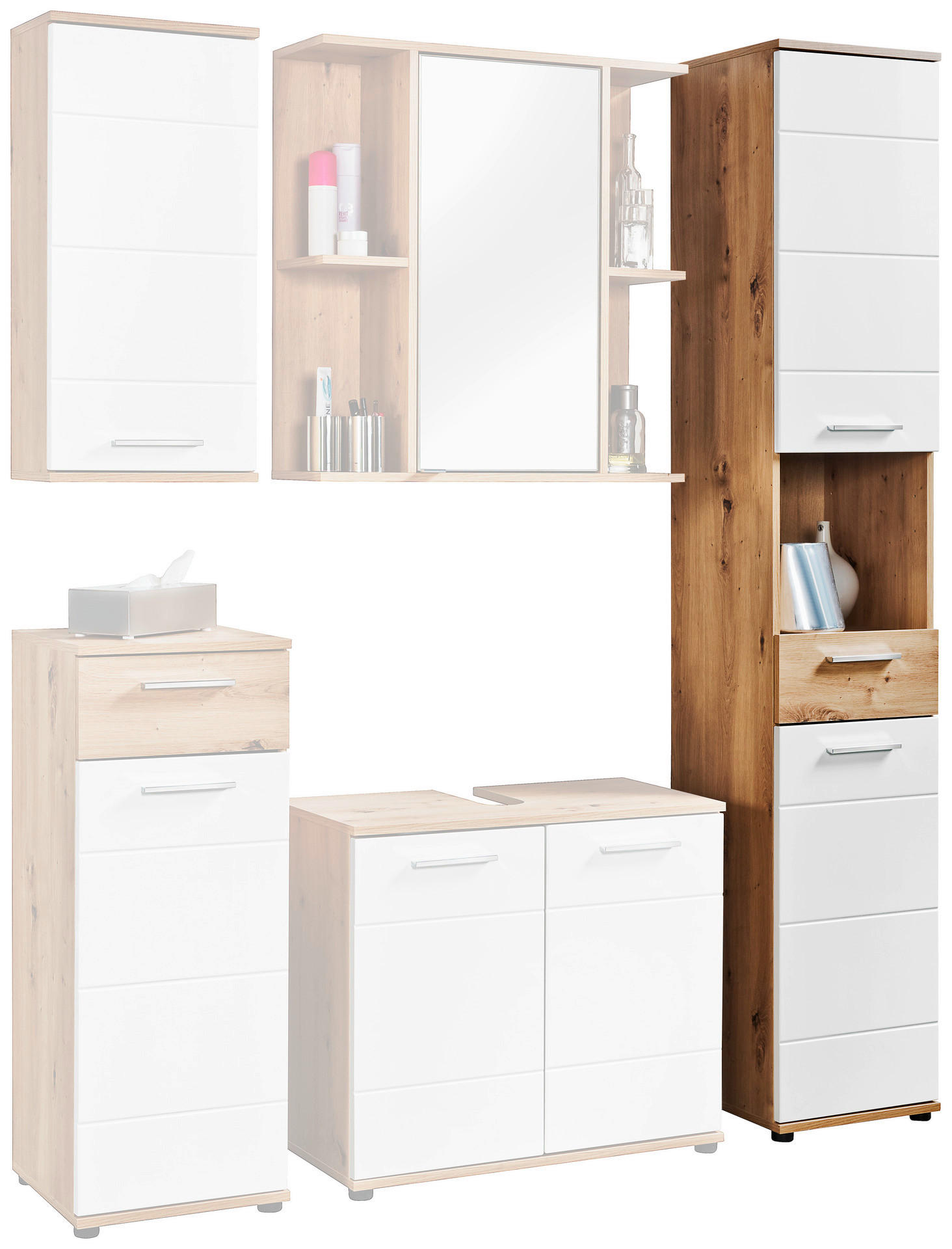 Badhochschrank Bergen Eiche Artisan Nachbildung weiß Hochglanz B/H/T: ca. 35x195x35 cm Bergen - Eiche/weiß (35,00/195,00/35,00cm)