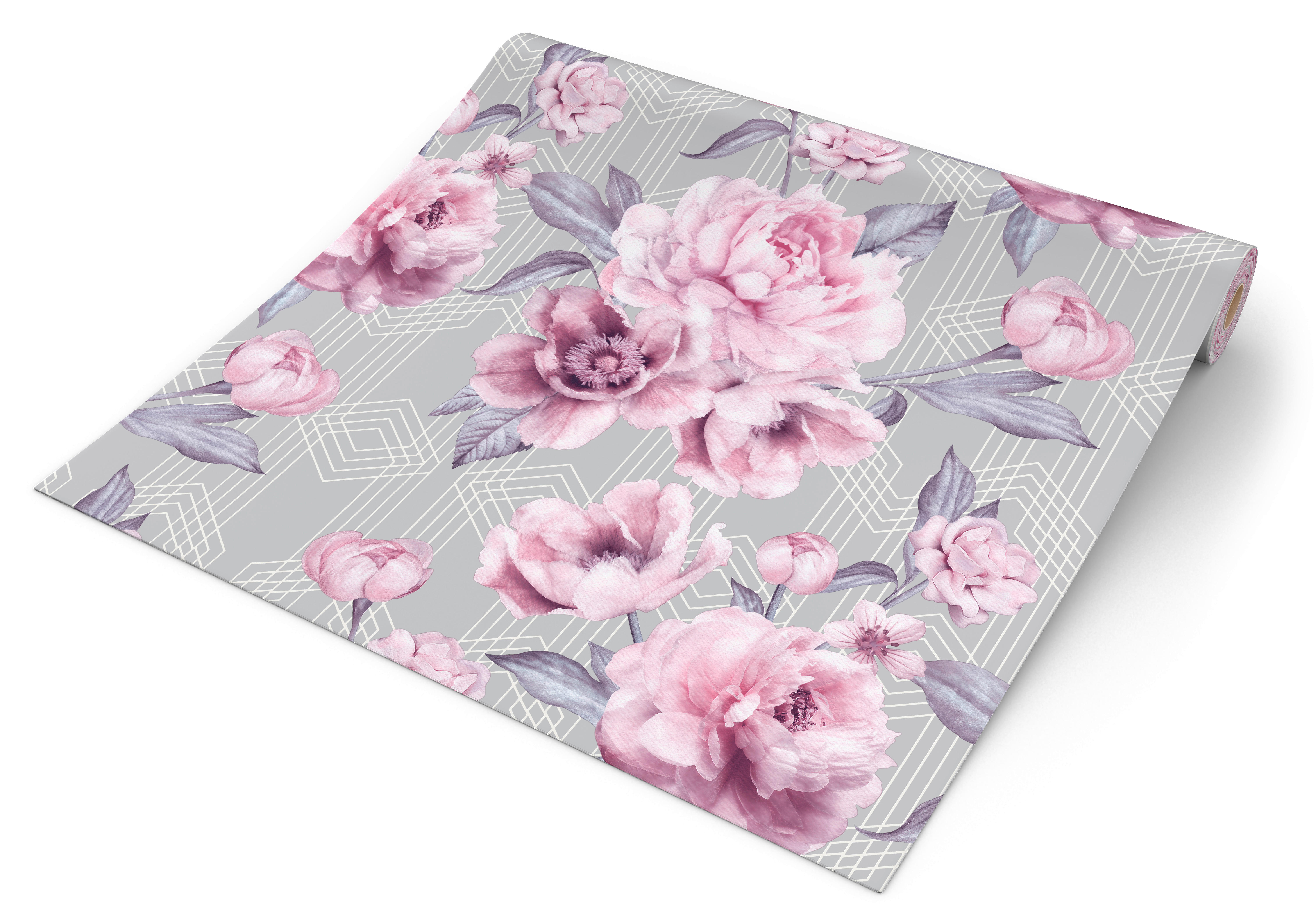 UGEPA Papiertapete Blumen grau rosa weiß B/L: ca. 53x1005 cm glitzernd