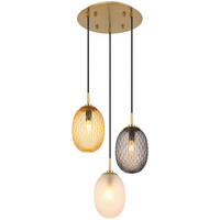 GLOBO Pendelleuchte schwarz gold amber Glas Metall Textil H/D: ca. 120x36 cm E14 3 Brennstellen DEVIN - gold/schwarz (36,00/120,00cm) - GLOBO