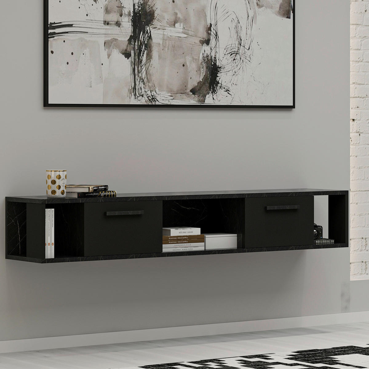 TV-Lowboard Aldora schwarz Marmoroptik B/H/T: ca. 160x30x30 cm Aldora - schwarz/Marmoroptik (160,00/30,00/30,00cm) - moebel17