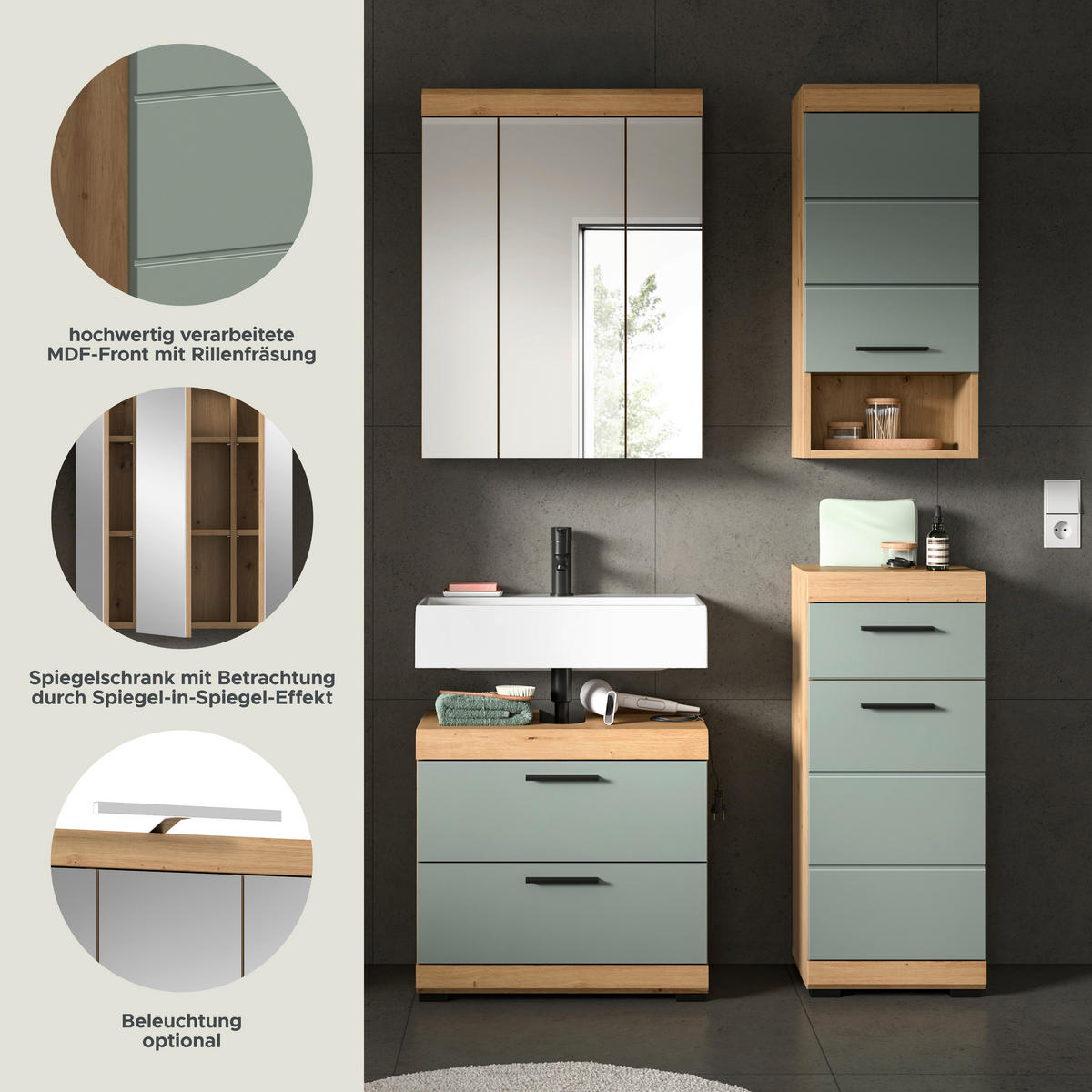 Badezimmer-Set Scout Eiche Artisan Nachbildung salbei Nachbildung B/H/T: ca. 112x191x37 cm Scout - Eiche/salbei (112,00/191,00/37,00cm) - xonox.home