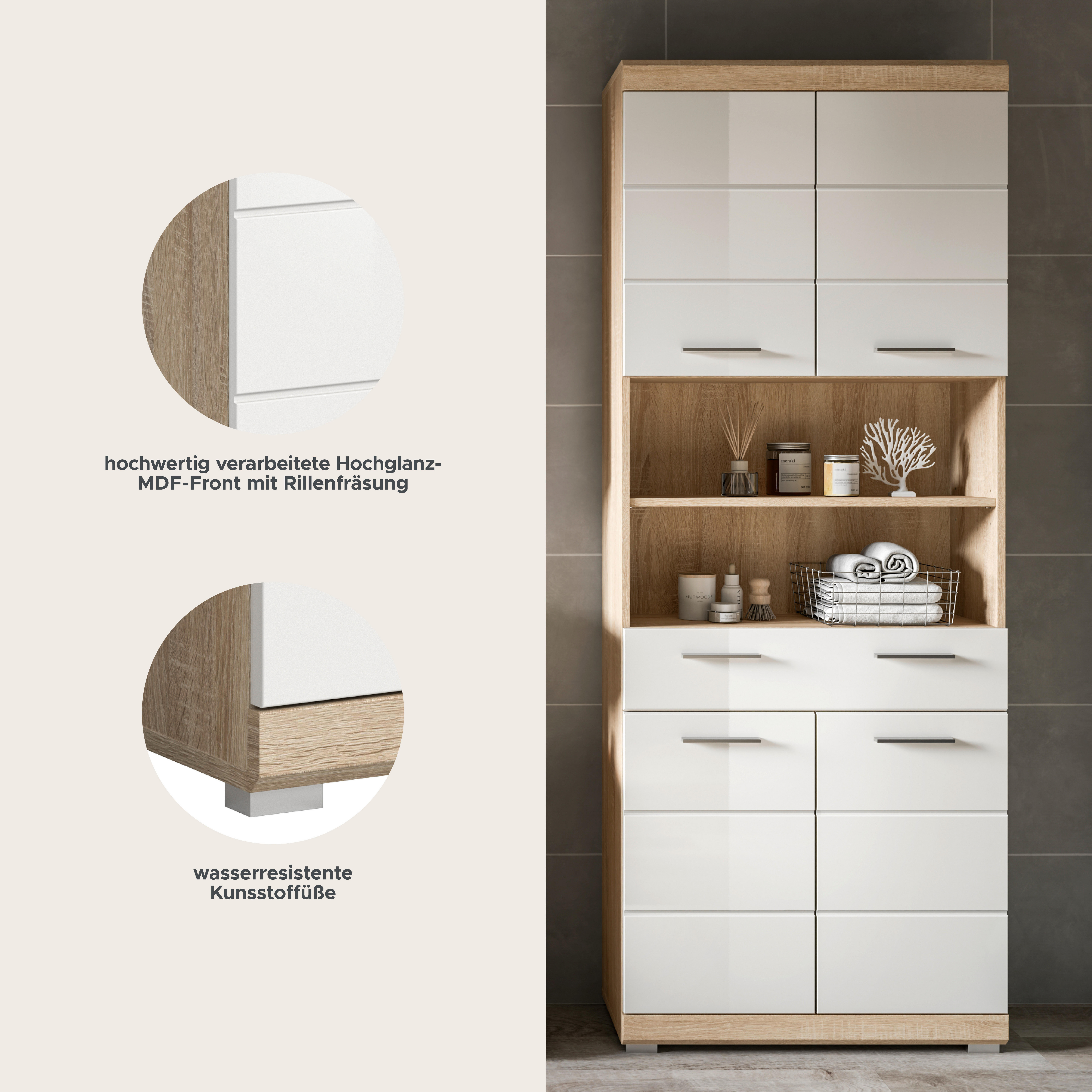 Badhochschrank Lambada Eiche Sonoma Nachbildung weiß Hochglanz B/H/T: ca. 74x191x31 cm Lambada - Eiche/weiß (74,00/191,00/31,00cm) - xonox.home