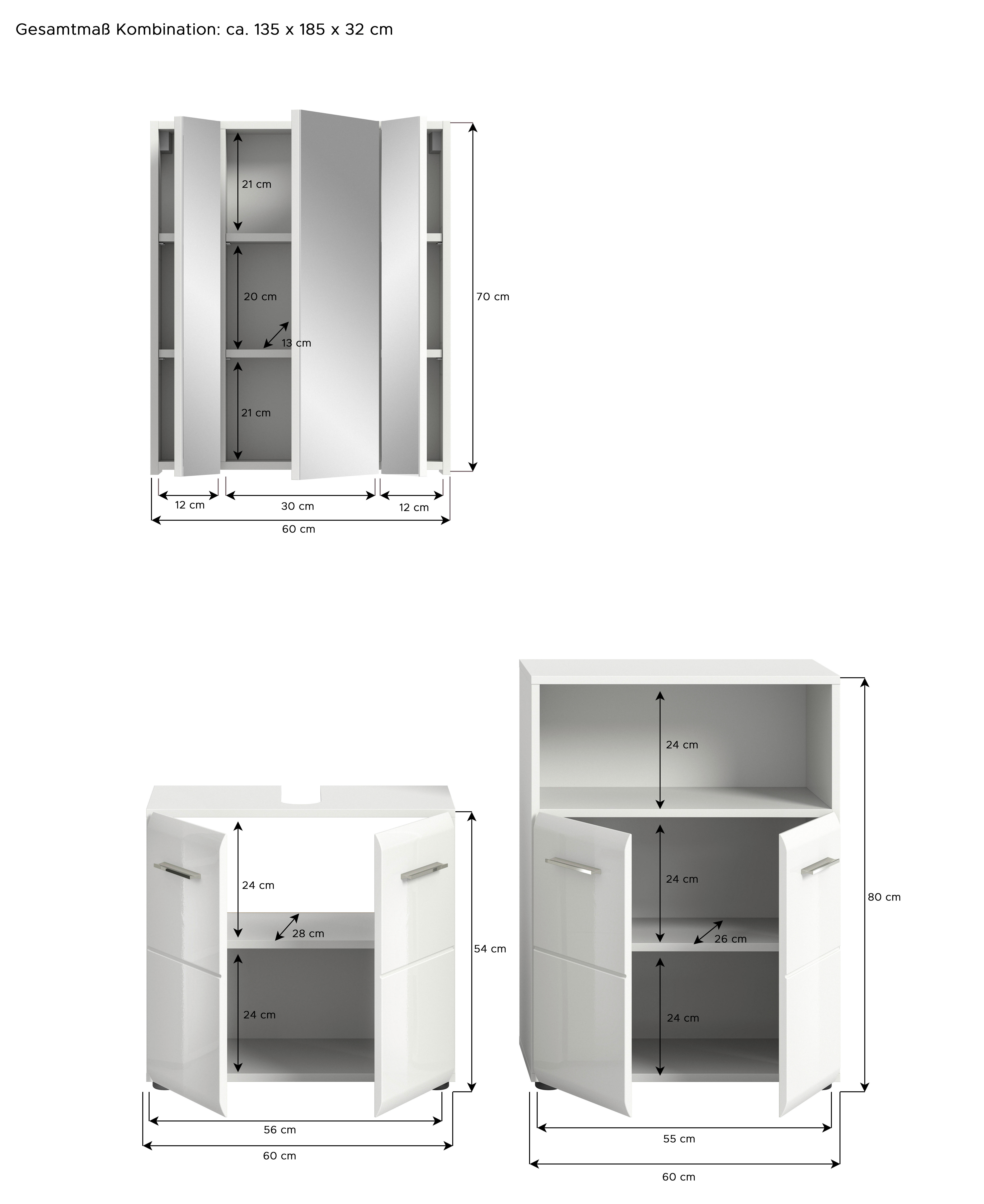 Badezimmer-Set ICE weiß weiß Hochglanz B/H/T: ca. 135x190x32 cm ICE - weiß (135,00/190,00/32,00cm) - xonox.home