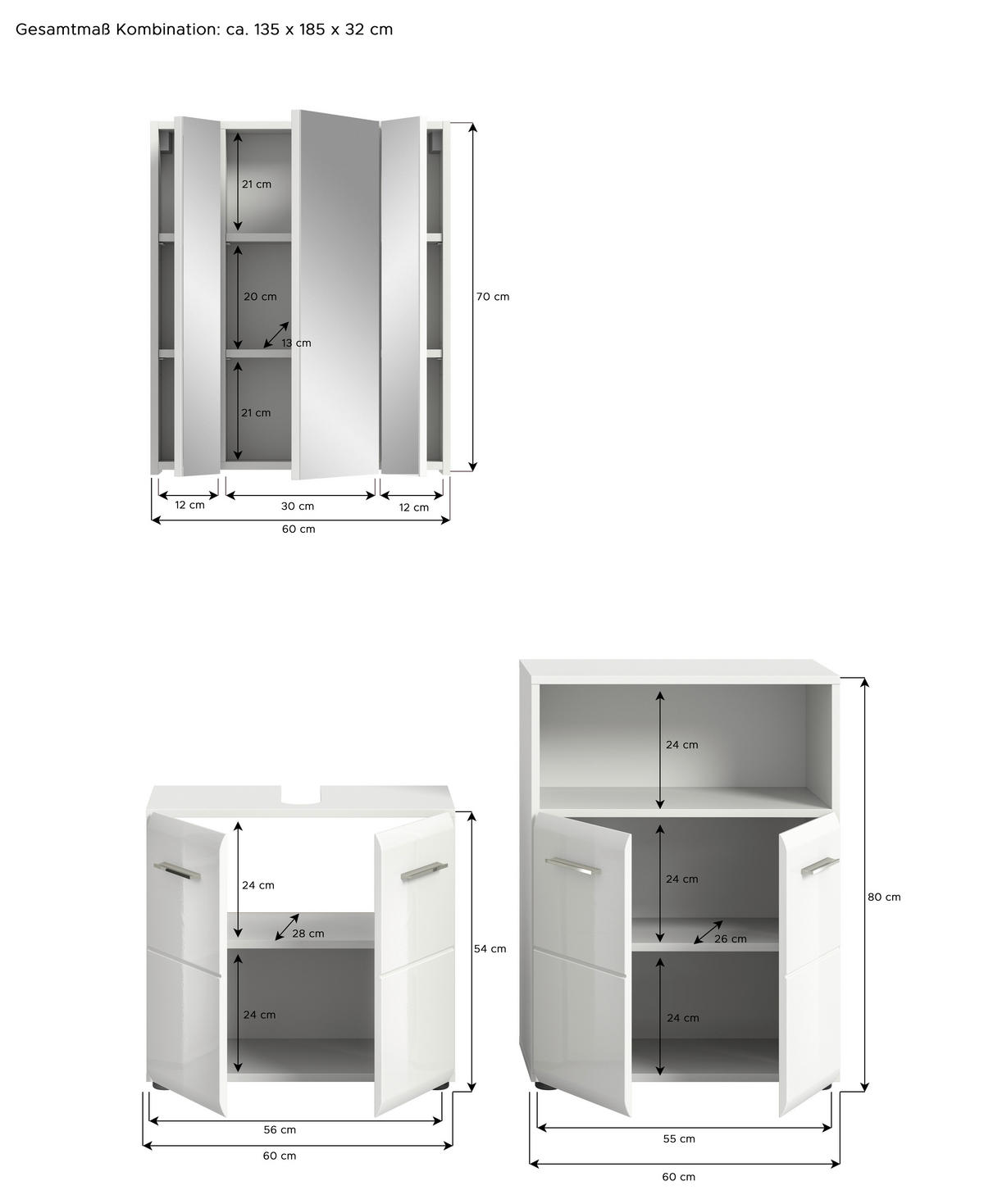Badezimmer-Set ICE weiß weiß Hochglanz B/H/T: ca. 135x190x32 cm ICE - weiß (135,00/190,00/32,00cm) - xonox.home