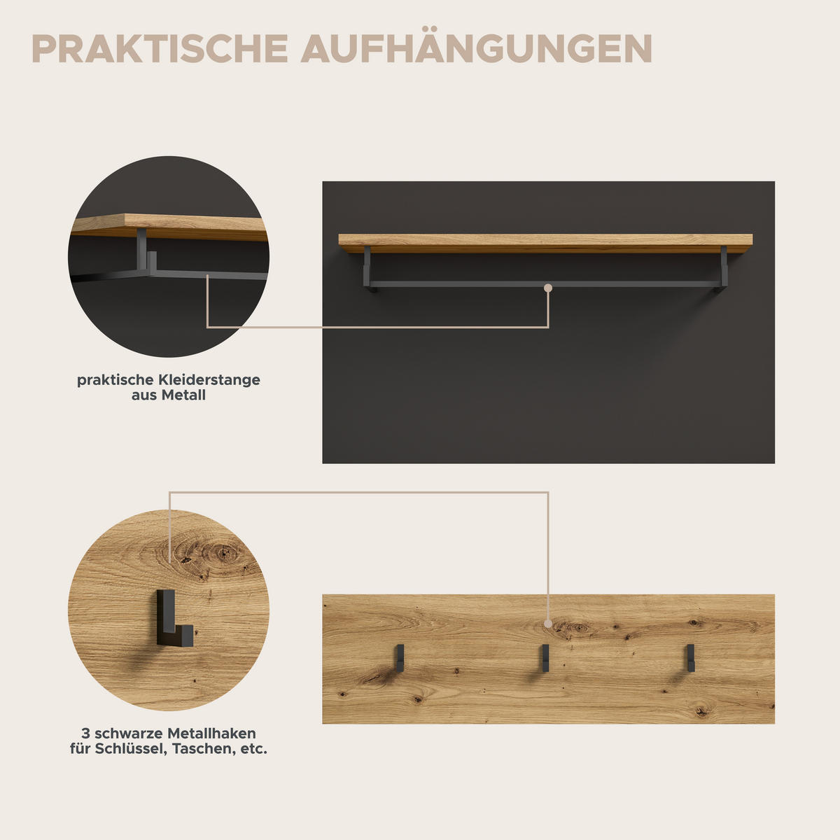 Garderobe Canu basaltgrau Nachbildung Artisan Nachbildung B/H/T: ca. 255x190x37 cm Canu - basaltgrau (255,00/190,00/37,00cm) - xonox.home