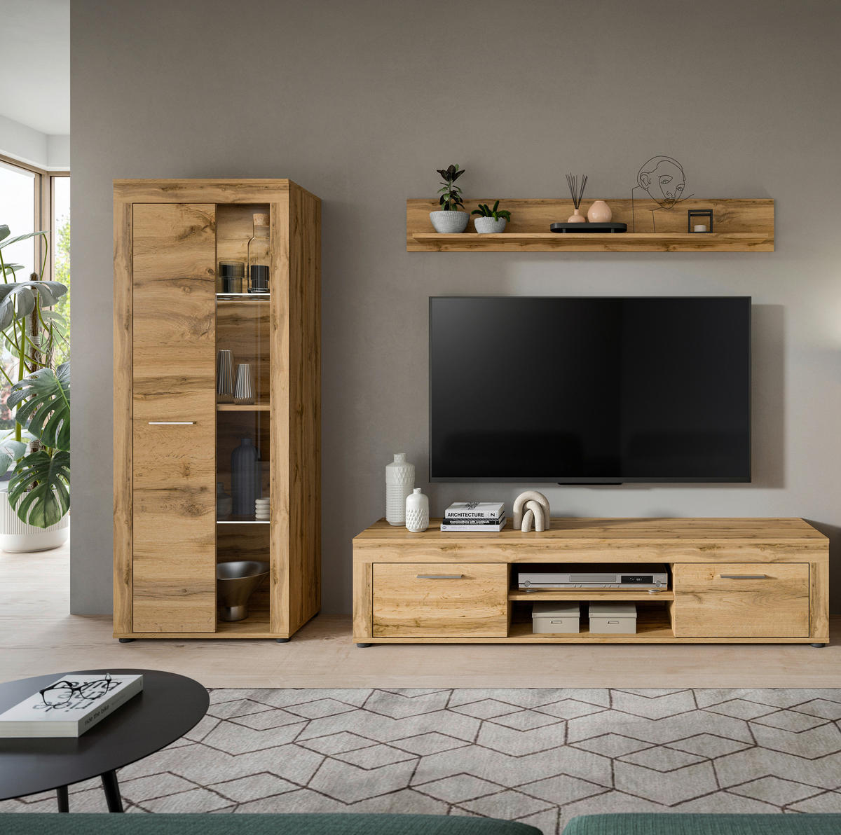 Wohnwand Jam Eiche Wotan Nachbildung B/H/T: ca. 235x159x35 cm Jam - Eiche (235,00/159,00/35,00cm) - xonox.home