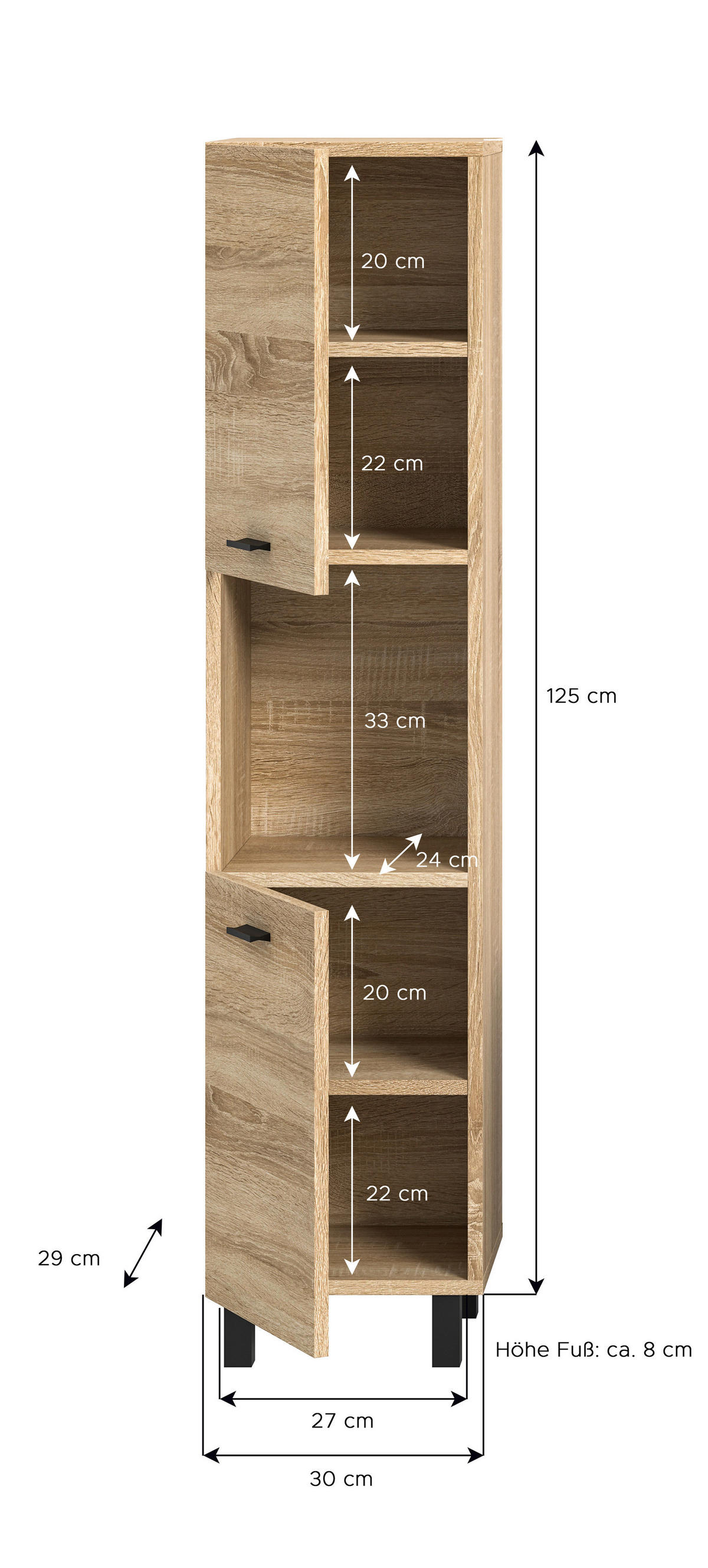 Badhochschrank BOSTON Eiche Sonoma Nachbildung B/H/T: ca. 30x125x29 cm BOSTON - Eiche (30,00/125,00/29,00cm) - xonox.home