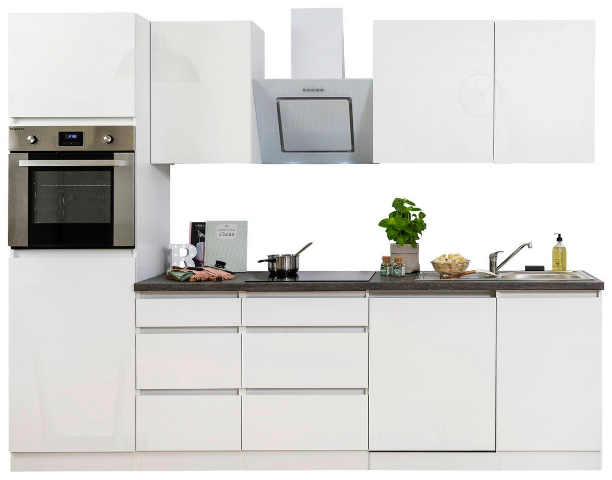 Respekta Küchenblock Premium weiß hochglänzend B/H/T: ca. 280x220,5x60 cm Premium - weiß/granit (280,00/220,50/60,00cm) - Respekta