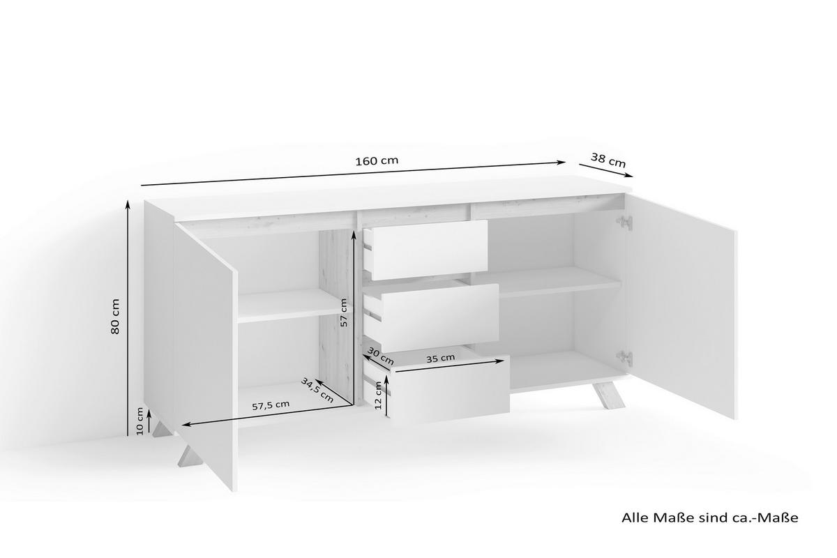Sideboard VALENTIN weiß Eiche Nachbildung B/H/T: ca. 160x80x38 cm VALENTIN - Eiche/weiß (160,00/80,00/38,00cm) - byLIVING