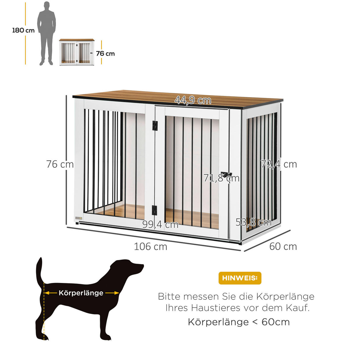 PawHut Hundekäfig weiß Spanplatte B/H/L: ca. 60x76x106 cm Hundekäfig - weiß/walnuss (106,00/60,00/76,00cm) - PawHut