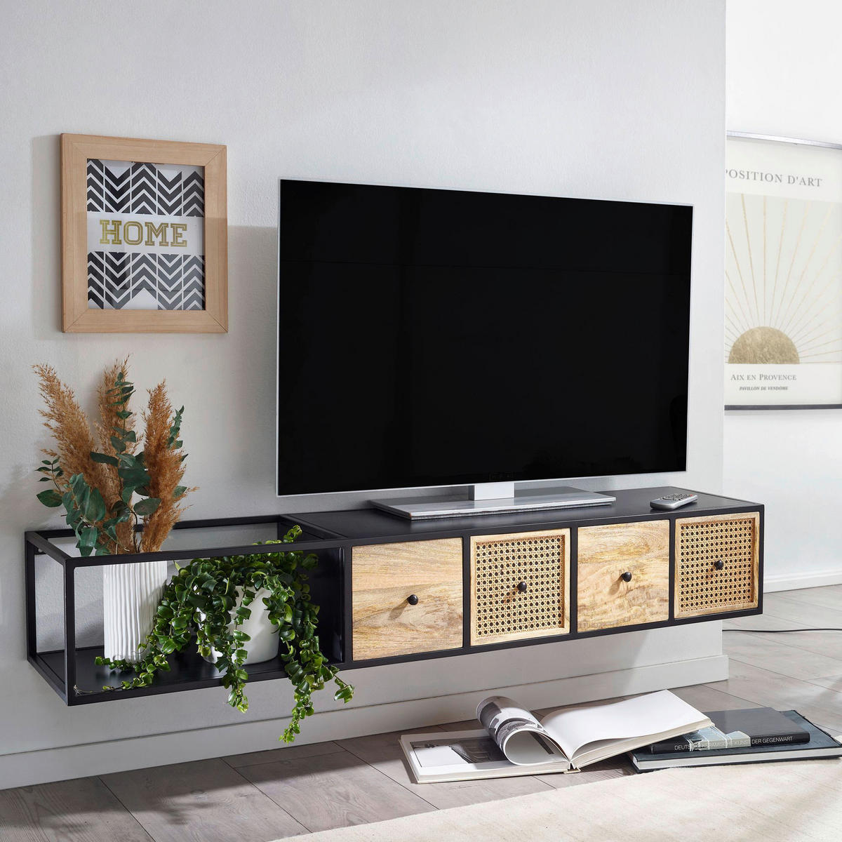 TV-Bank schwarz pulverbeschichtet natur Eisen Echtholz B/H/T: ca. 150x25x35 cm TV Konsole - natur/schwarz (150,00/25,00/35,00cm) - Wohnling