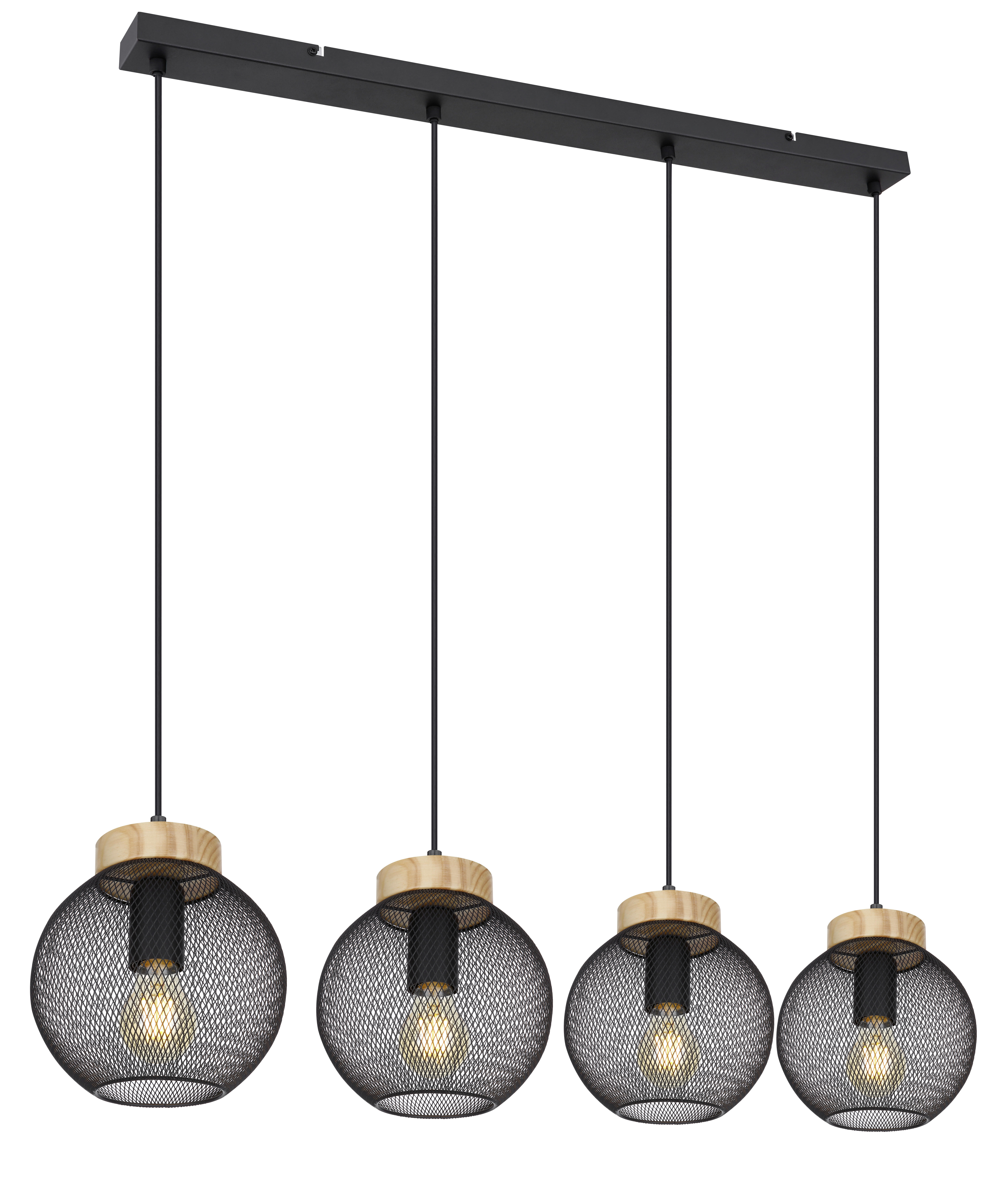 GLOBO Pendelleuchte PABLO 15663-4H mattschwarz natur Metall Holz B/H/T: ca. 95x120x20 cm E27 4 Brennstellen PABLO - natur/mattschwarz (95,00/120,00/20,00cm) - GLOBO