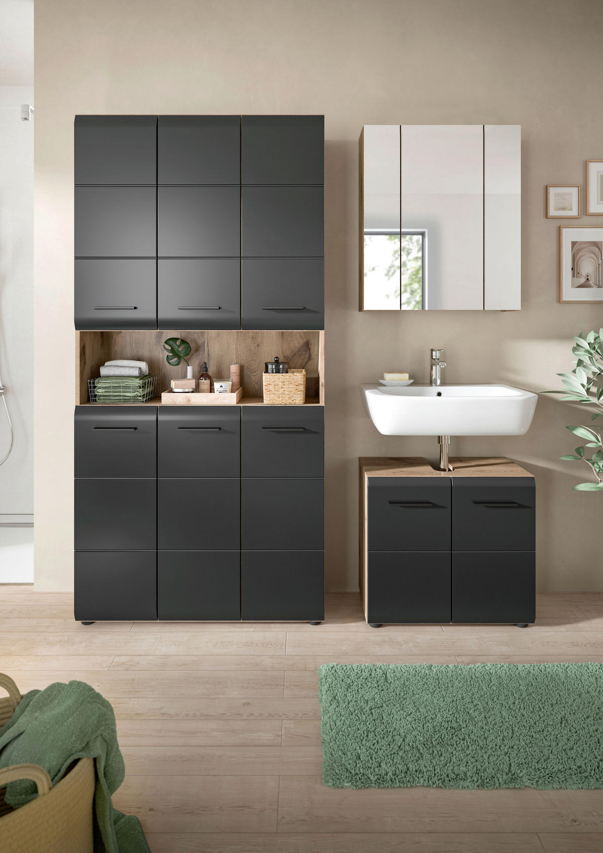 Badezimmer-Set Ice Nox Oak Nachbildung schwarz matt B/H/T: ca. 165x185x46 cm Ice - schwarz (165,00/185,00/46,00cm) - xonox.home