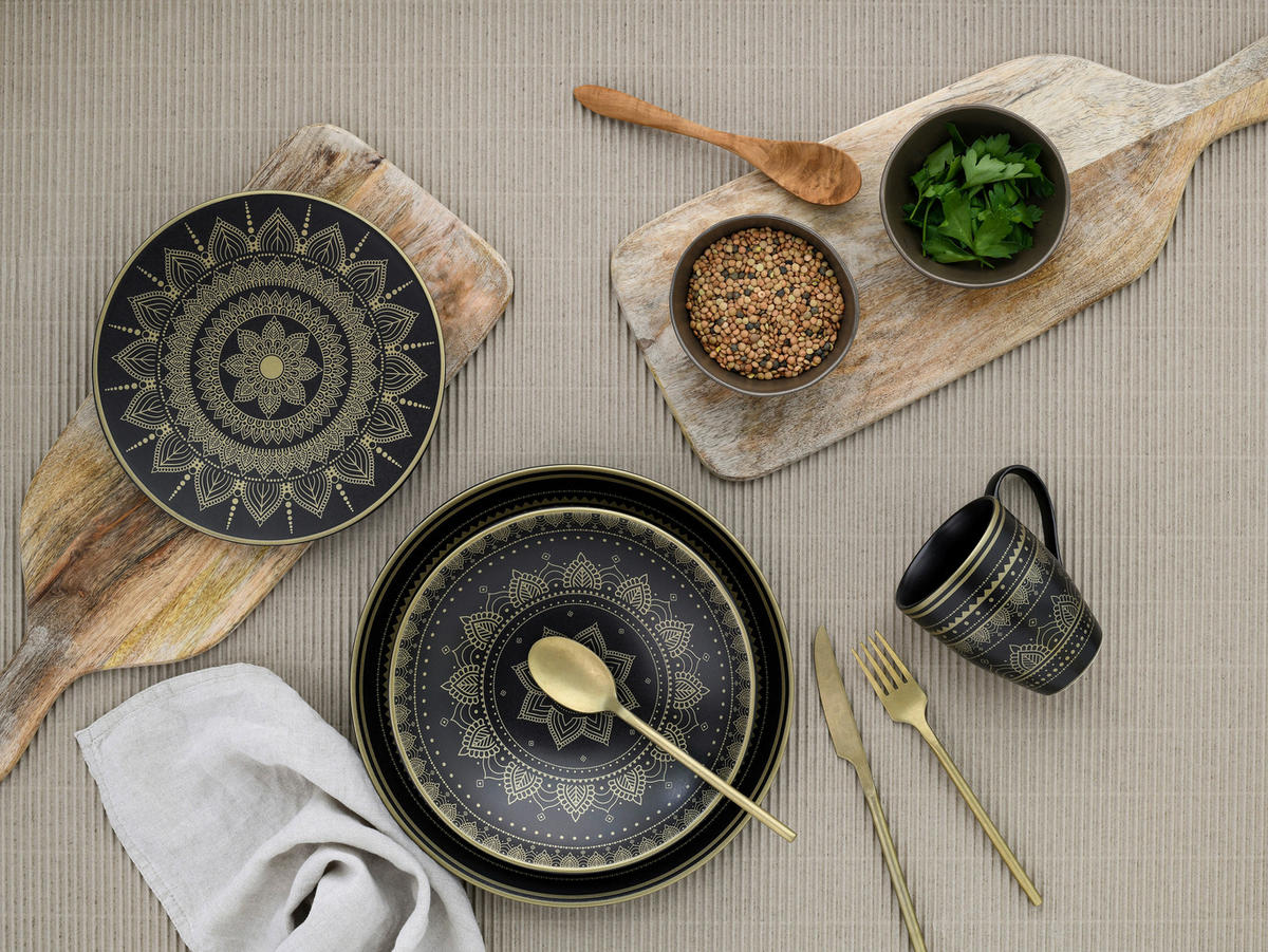 CreaTable Kombiservice MANDALA GOLD schwarz Steinzeug 16 tlg. MANDALA GOLD - gold/schwarz - CreaTable