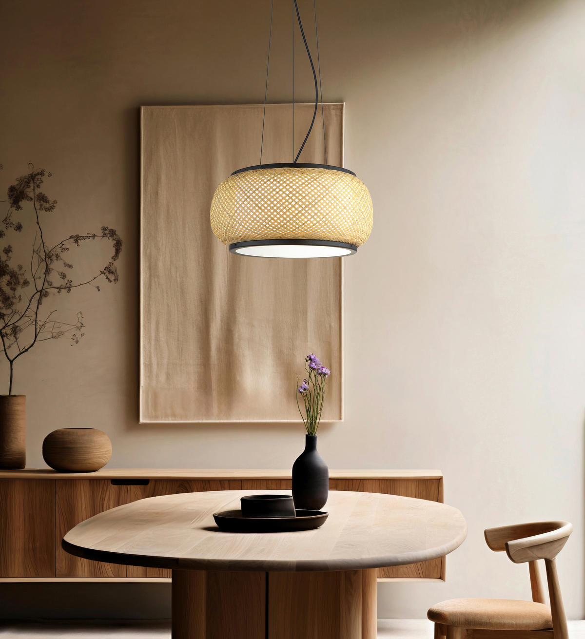 GLOBO Pendelleuchte natur mattschwarz Bambus Metall H/D: ca. 120x38 cm 1.0 Brennstellen BAMBORA - natur/mattschwarz (38,00/120,00cm) - GLOBO