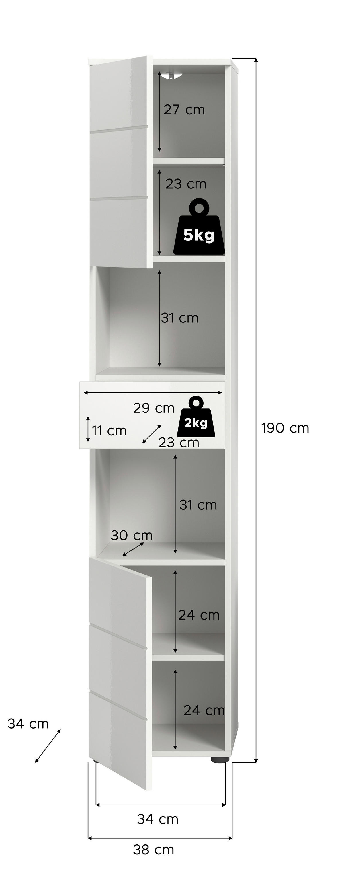 Badhochschrank VIRA weiß weiß Hochglanz B/H/T: ca. 38x190x34 cm VIRA - weiß (38,00/190,00/34,00cm) - xonox.home