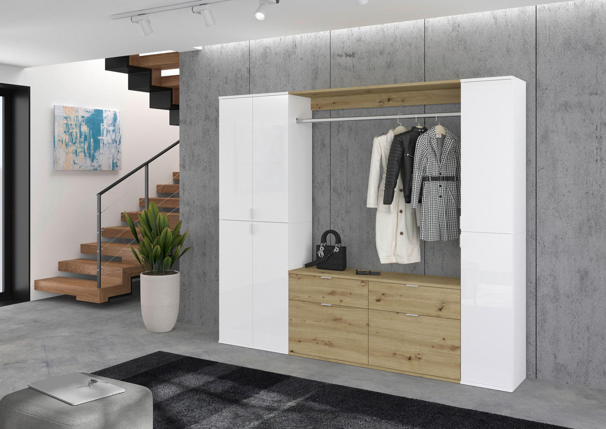 Garderobe PROJEKT weiß Eiche Artisan Nachbildung weiß Hochglanz B/H/T: ca. 212x193x34 cm PROJEKT - Eiche/weiß (212,00/193,00/34,00cm) - xonox.home