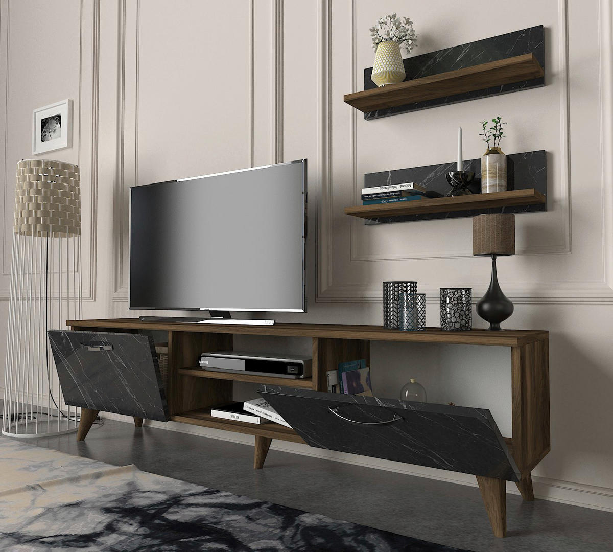 Wohnwand Ayden walnuss Nachbildung dunkelgrau Marmor Optik B/H/T: ca. 150x40,6x30 cm Ayden - walnuss/dunkelgrau (150,00/40,60/30,00cm) - moebel17