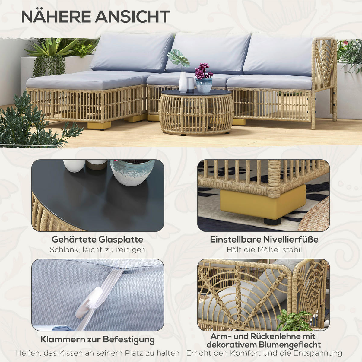 Outsunny Sitzgruppe grau Polyester B/H/L: ca. 73x73x73 cm Rattan_Gartengarnitur - beige/grau (73,00/73,00/73,00cm) - Outsunny