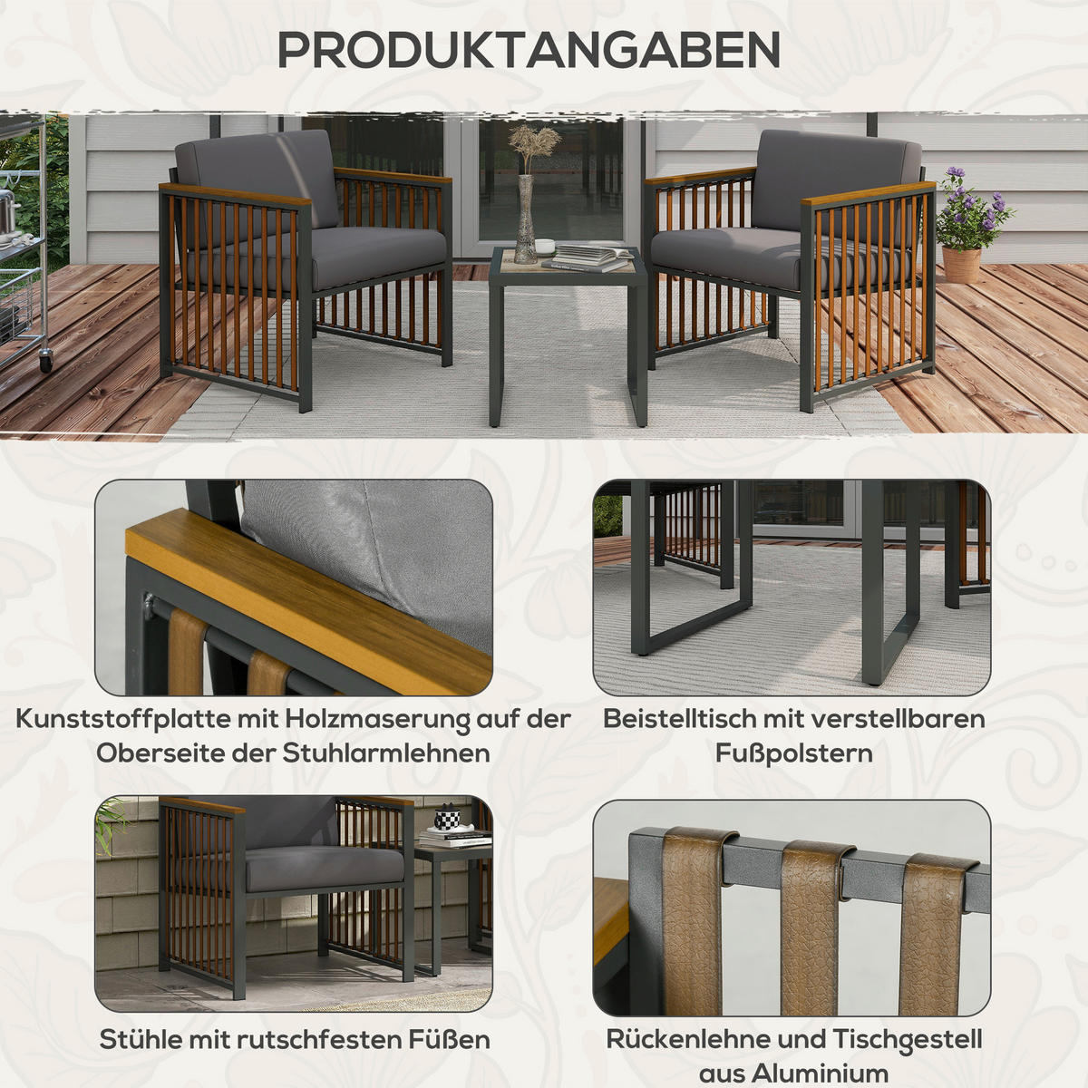 Outsunny Sitzgruppe grau Polyrattan B/H/L: ca. 68x66x68 cm Rattan-Gartenmöbelset - braun/grau (68,00/68,00/66,00cm) - Outsunny
