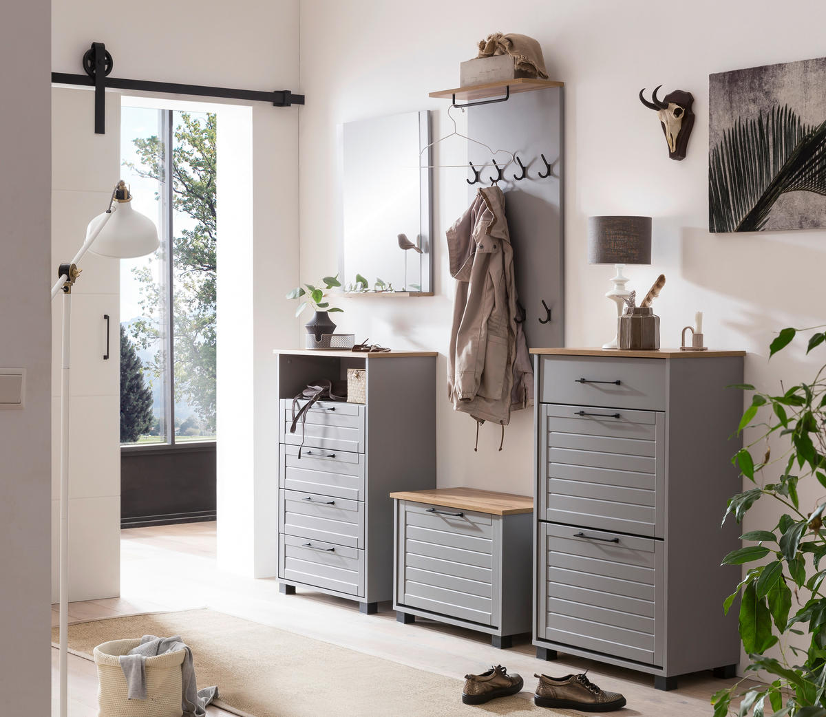 Schuhschrank Jelda platin grau Eiche Landhaus Nachbildung B/H/T: ca. 62x102x34,1 cm Jelda - Eiche/platin (62,00/102,00/34,10cm) - Möbelpartner