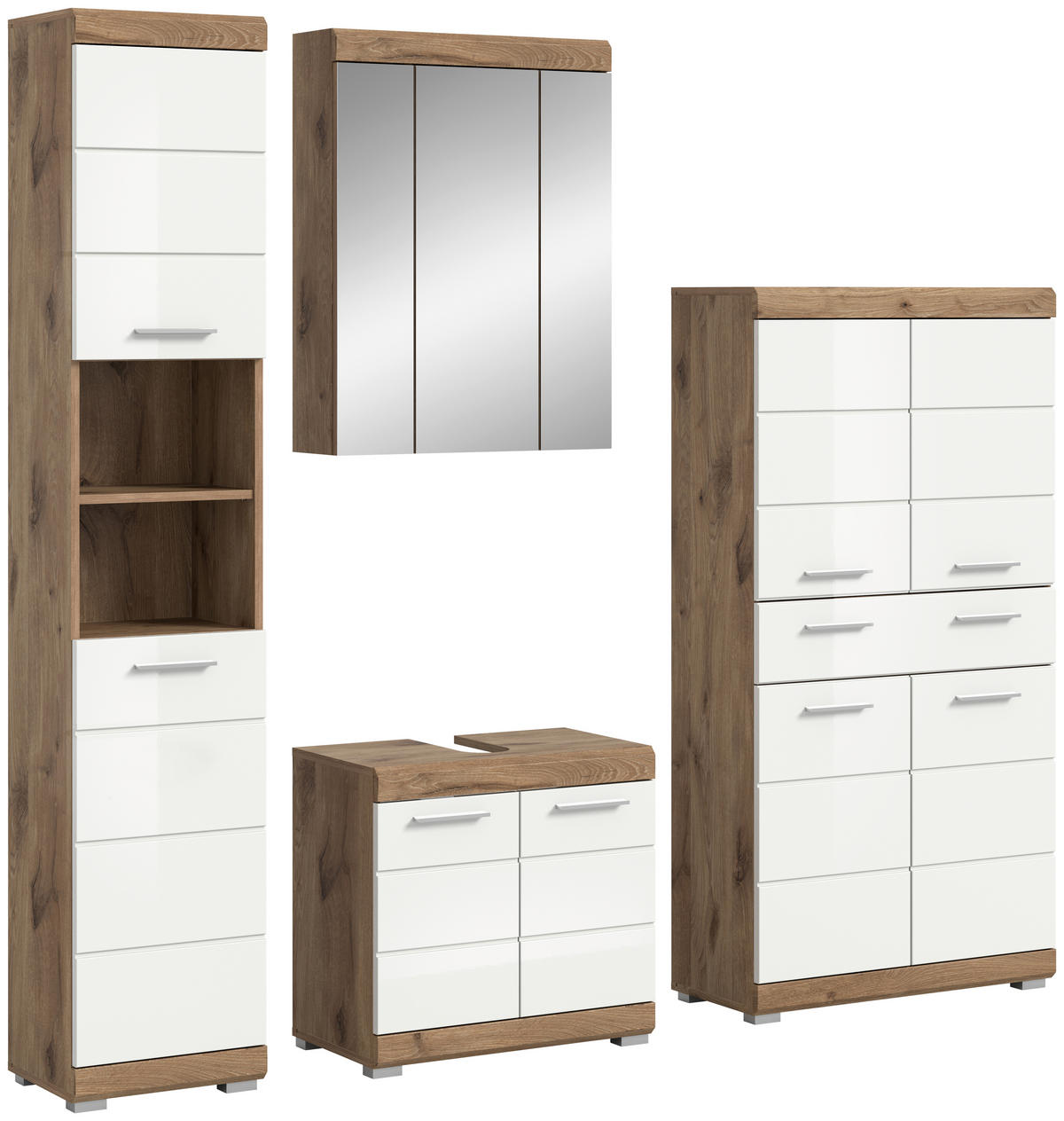 Badezimmer-Set Wave weiß Hochglanz Nox Oak Nachbildung B/H/T: ca. 204x191x34 cm Wave - weiß (204,00/191,00/34,00cm) - xonox.home
