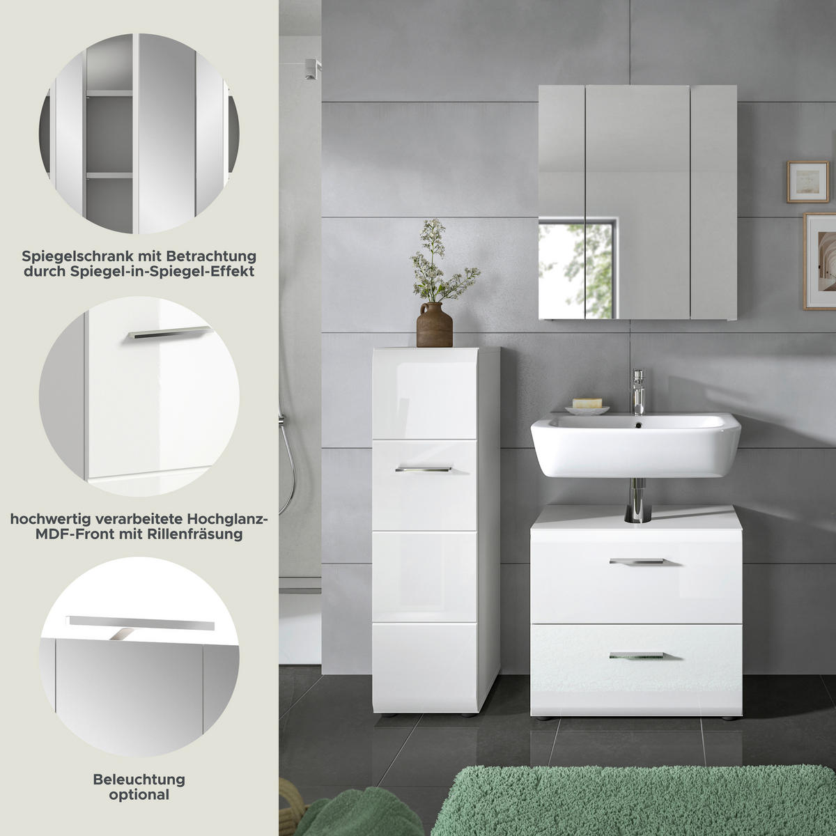 Badezimmer-Set Ice weiß weiß Hochglanz B/H/T: ca. 105x185x30 cm Ice - weiß (105,00/185,00/30,00cm) - xonox.home